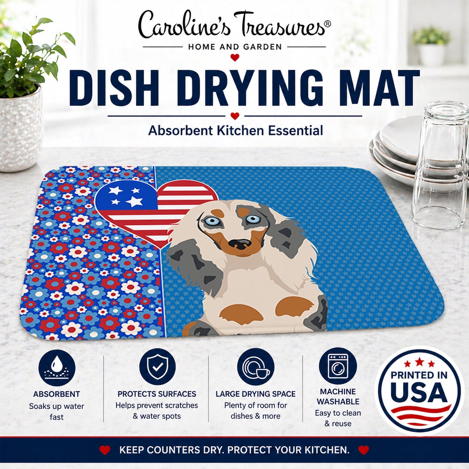 Longhair Cream Dapple Dachshund USA American Dish Drying Mat Absorbent Dish Drying Mat Pad for Kitchen Counter Dish Drainer Mat for Countertop, 14 x 21", Multicolor