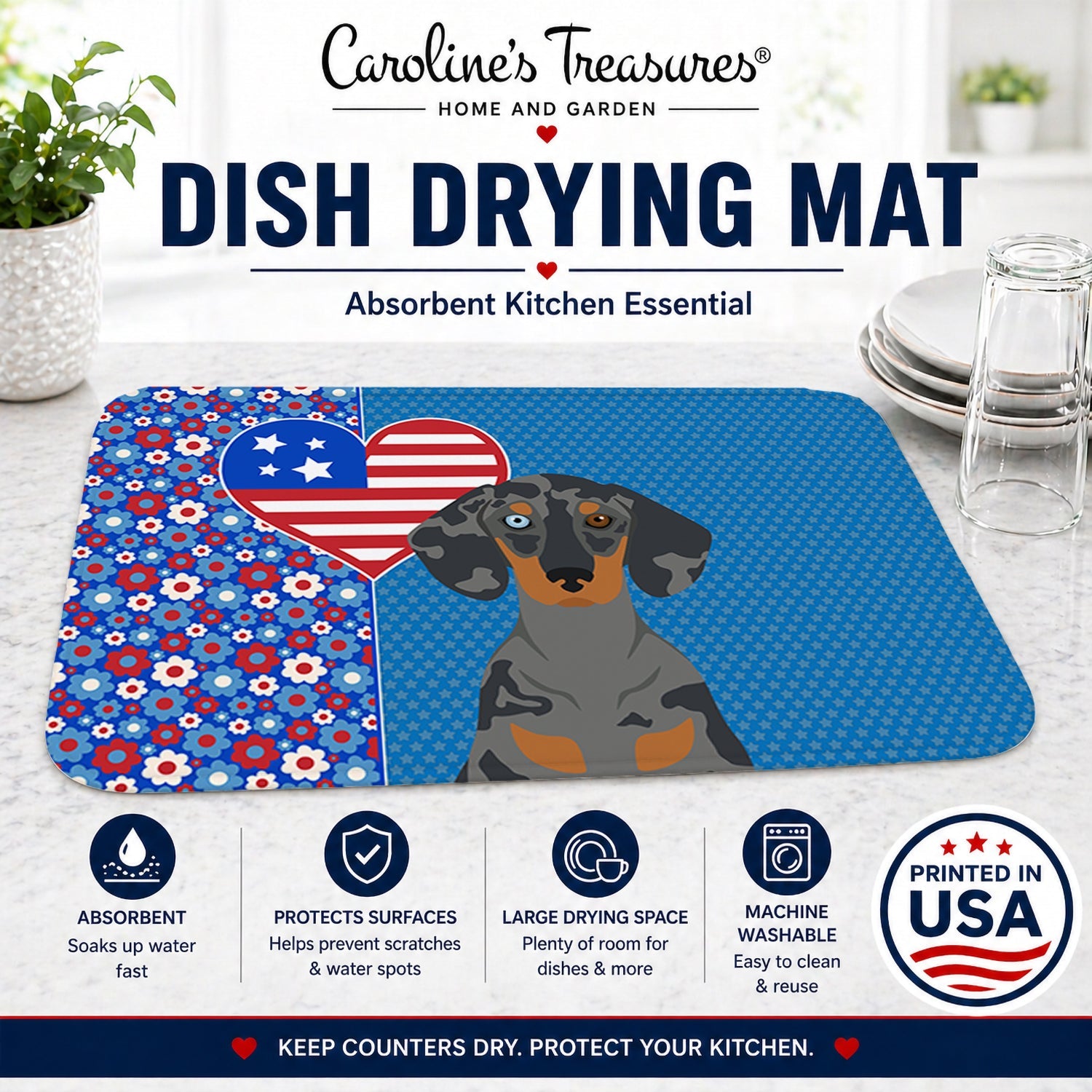 Black Dapple Dachshund USA American Dish Drying Mat Absorbent Dish Drying Mat Pad for Kitchen Counter Dish Drainer Mat for Countertop, 14 x 21", Multicolor