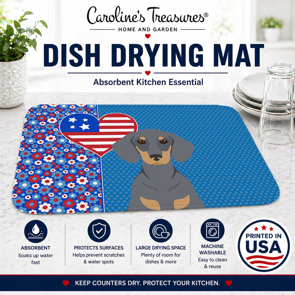 Blue and Tan Dachshund USA American Dish Drying Mat Absorbent Dish Drying Mat Pad for Kitchen Counter Dish Drainer Mat for Countertop, 14 x 21", Multicolor