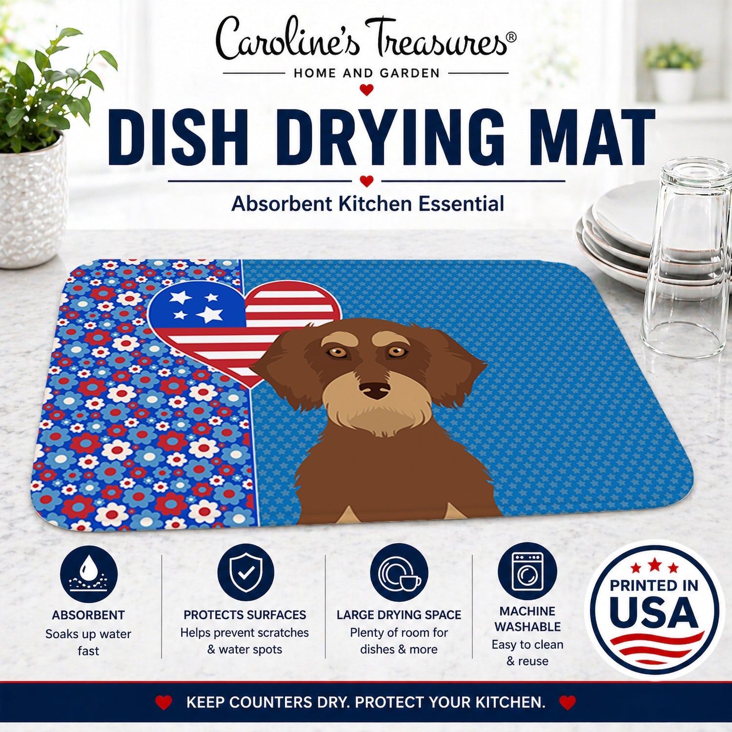 Wirehair Red and Tan Dachshund USA American Dish Drying Mat Absorbent Dish Drying Mat Pad for Kitchen Counter Dish Drainer Mat for Countertop, 14 x 21", Multicolor