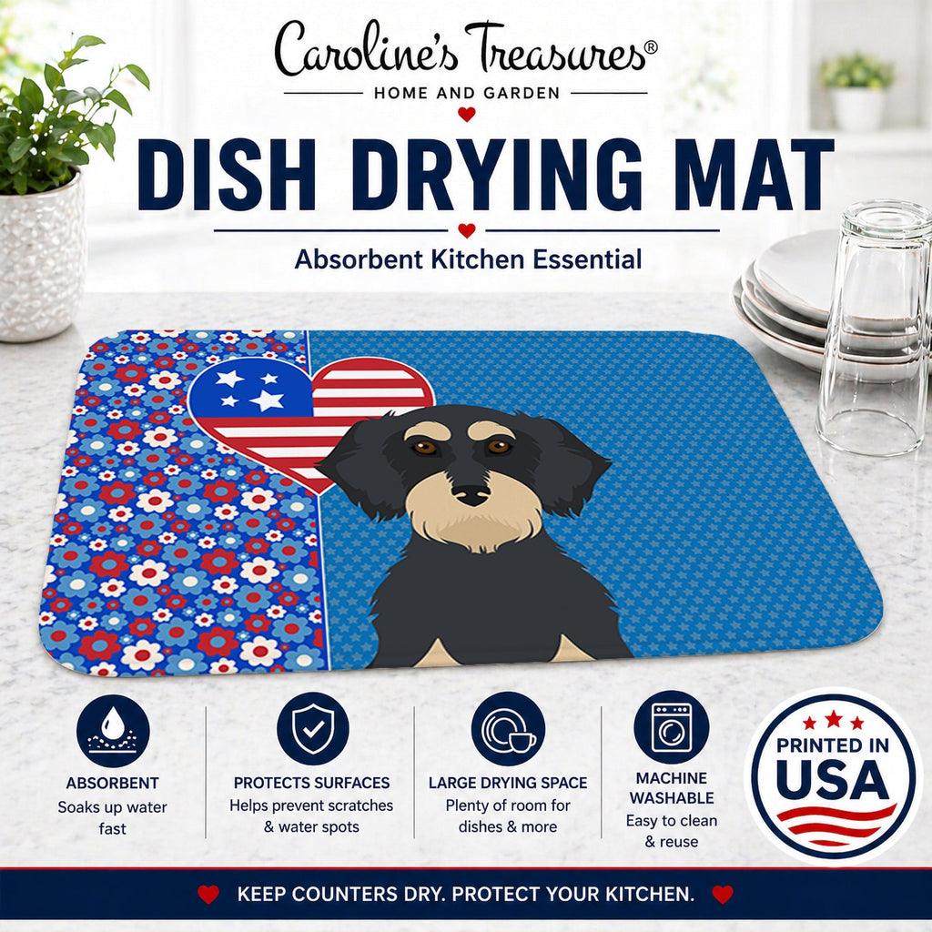 Wirehair Black and Cream Dachshund USA American Dish Drying Mat Absorbent Dish Drying Mat Pad for Kitchen Counter Dish Drainer Mat for Countertop, 14 x 21", Multicolor