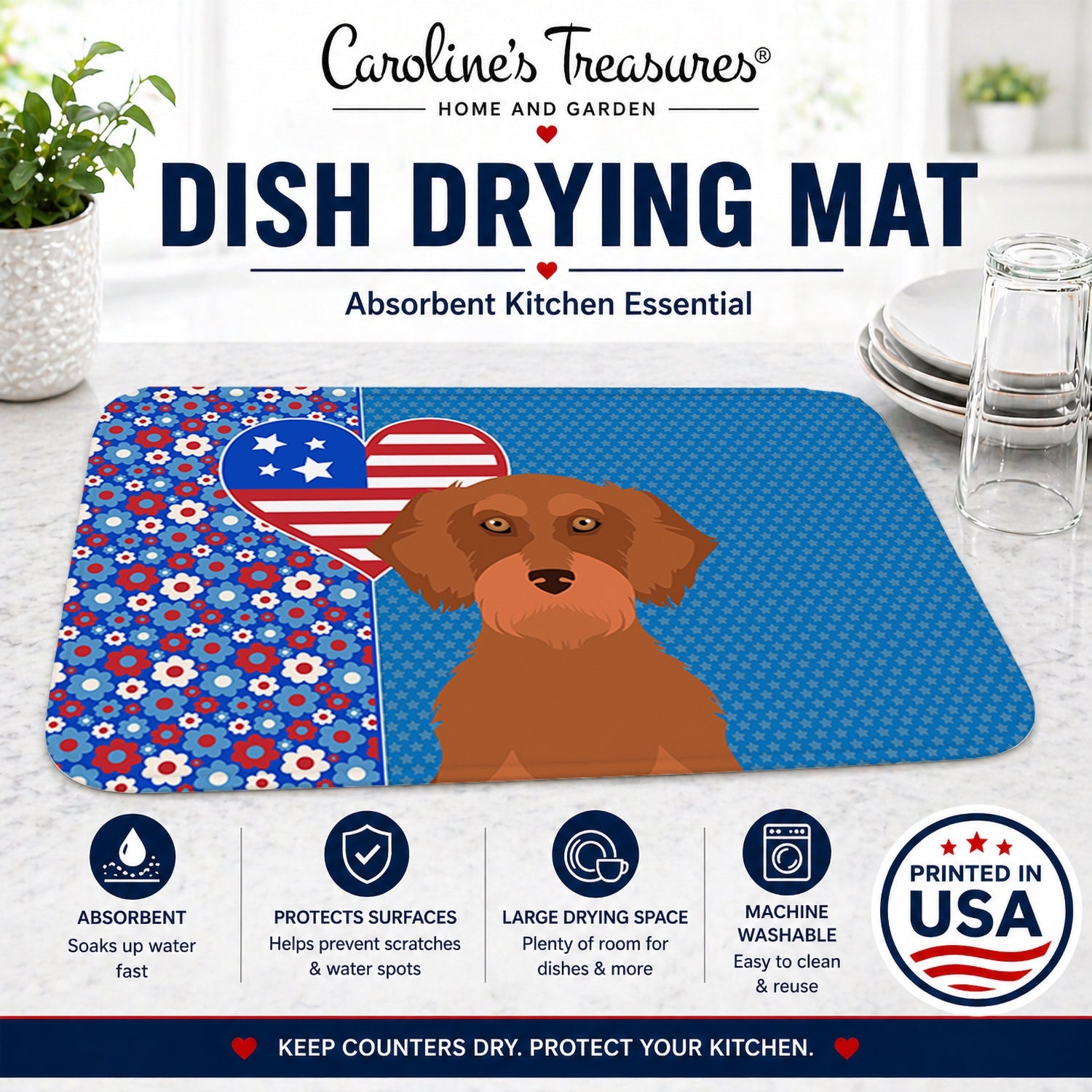 Wirehair Red Dachshund USA American Dish Drying Mat Absorbent Dish Drying Mat Pad for Kitchen Counter Dish Drainer Mat for Countertop, 14 x 21", Multicolor