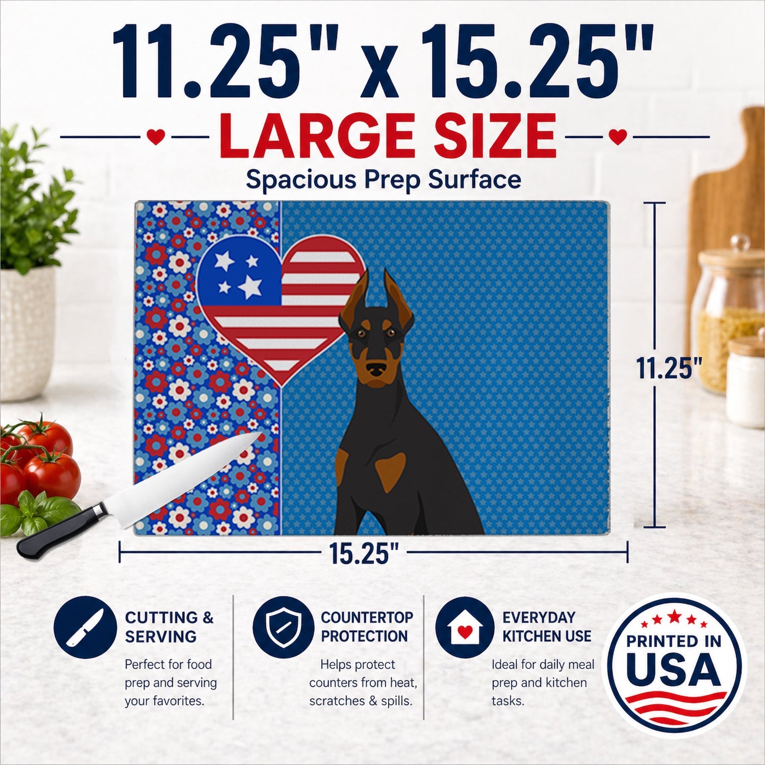 Black and Tan Doberman Pinscher USA American Cutting Board Tempered Glass Kitchen Cutting Surface, Heat Resistant Chopping, Non-Slip Feet, Food Prep & Serving
