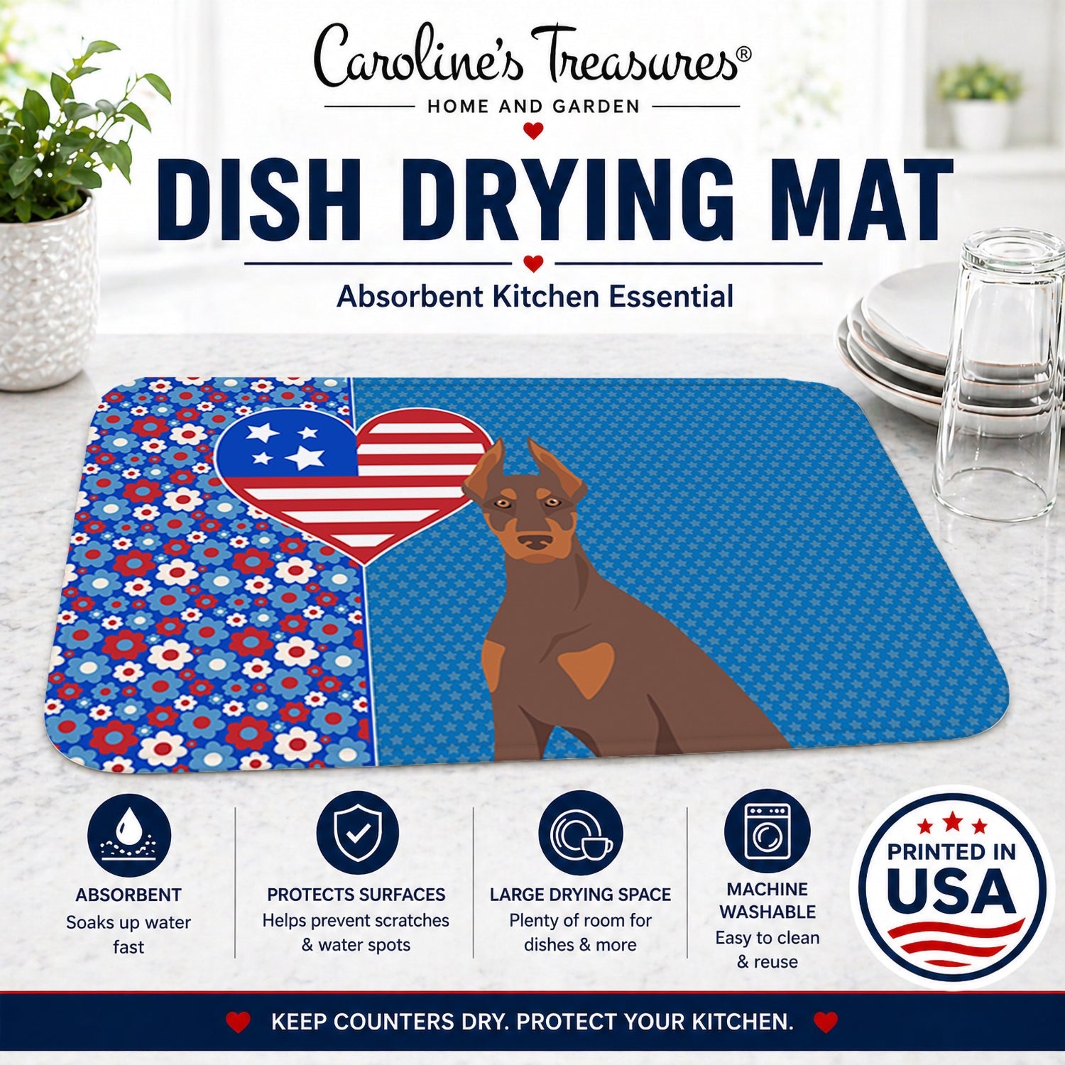 Red and Tan Doberman Pinscher USA American Dish Drying Mat Absorbent Dish Drying Mat Pad for Kitchen Counter Dish Drainer Mat for Countertop, 14 x 21", Multicolor