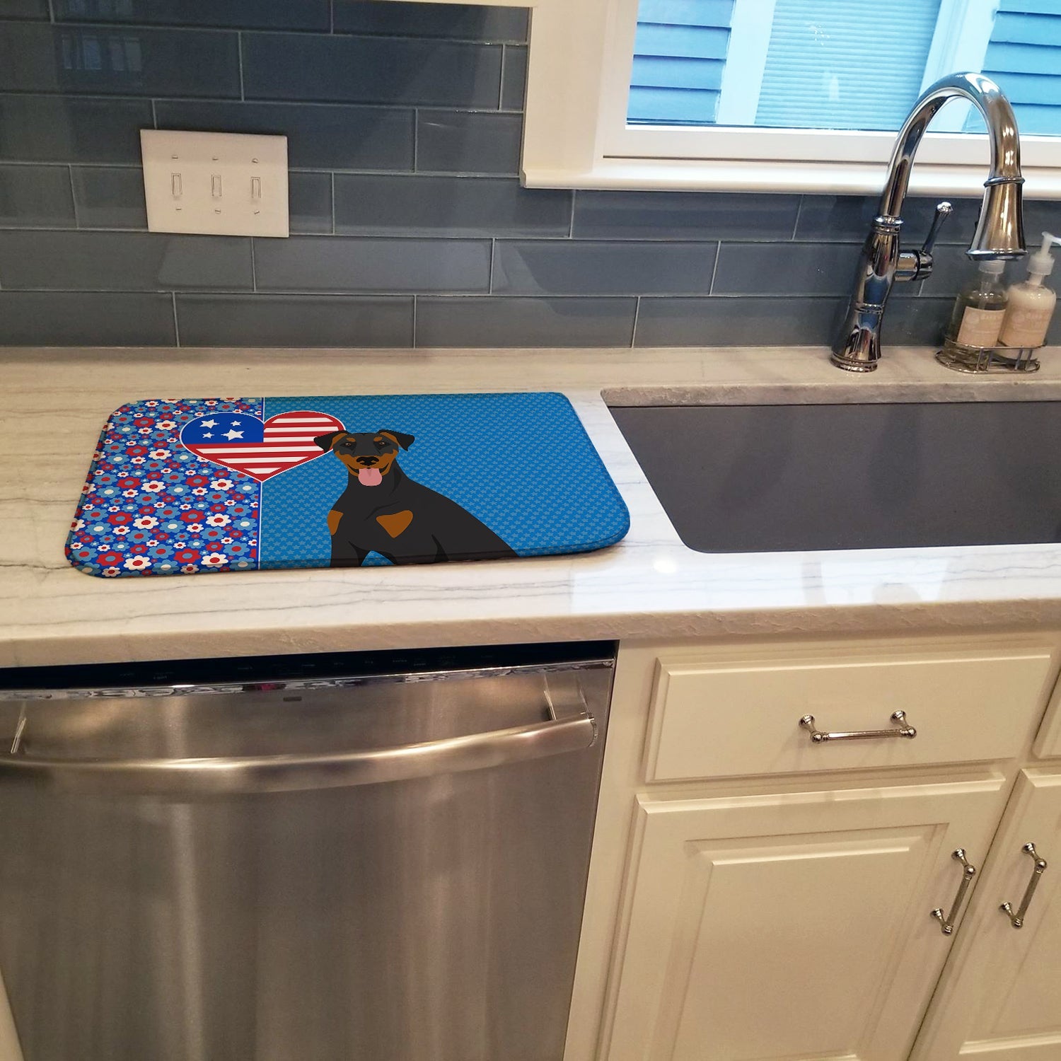 Natural Ear Black and Tan Doberman Pinscher USA American Dish Drying Mat Absorbent Dish Drying Mat Pad for Kitchen Counter Dish Drainer Mat for Countertop, 14 x 21", Multicolor