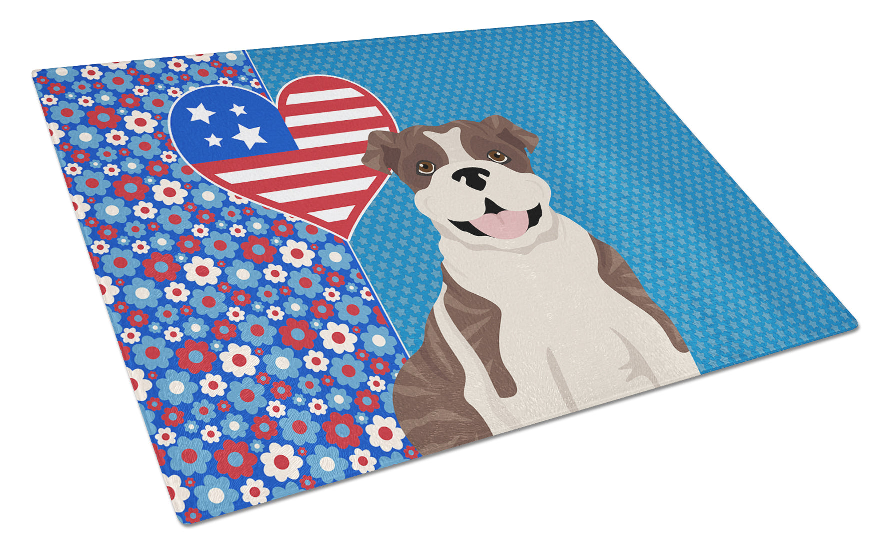 Brindle English Bulldog USA American Cutting Board Tempered Glass Kitchen Cutting Surface, Heat Resistant Chopping, Non-Slip Feet, Food Prep & Serving