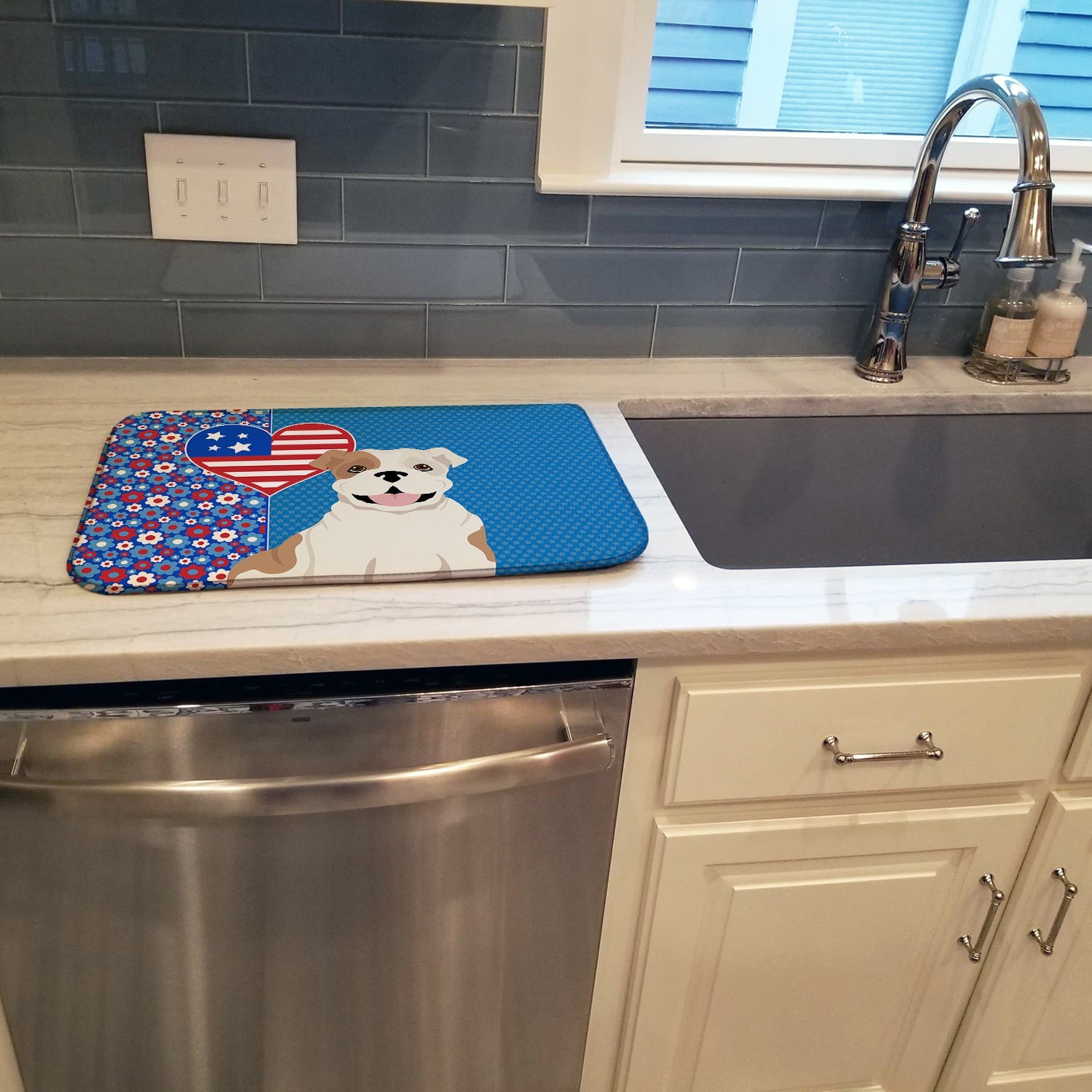 Piebald English Bulldog USA American Dish Drying Mat Absorbent Dish Drying Mat Pad for Kitchen Counter Dish Drainer Mat for Countertop, 14 x 21", Multicolor