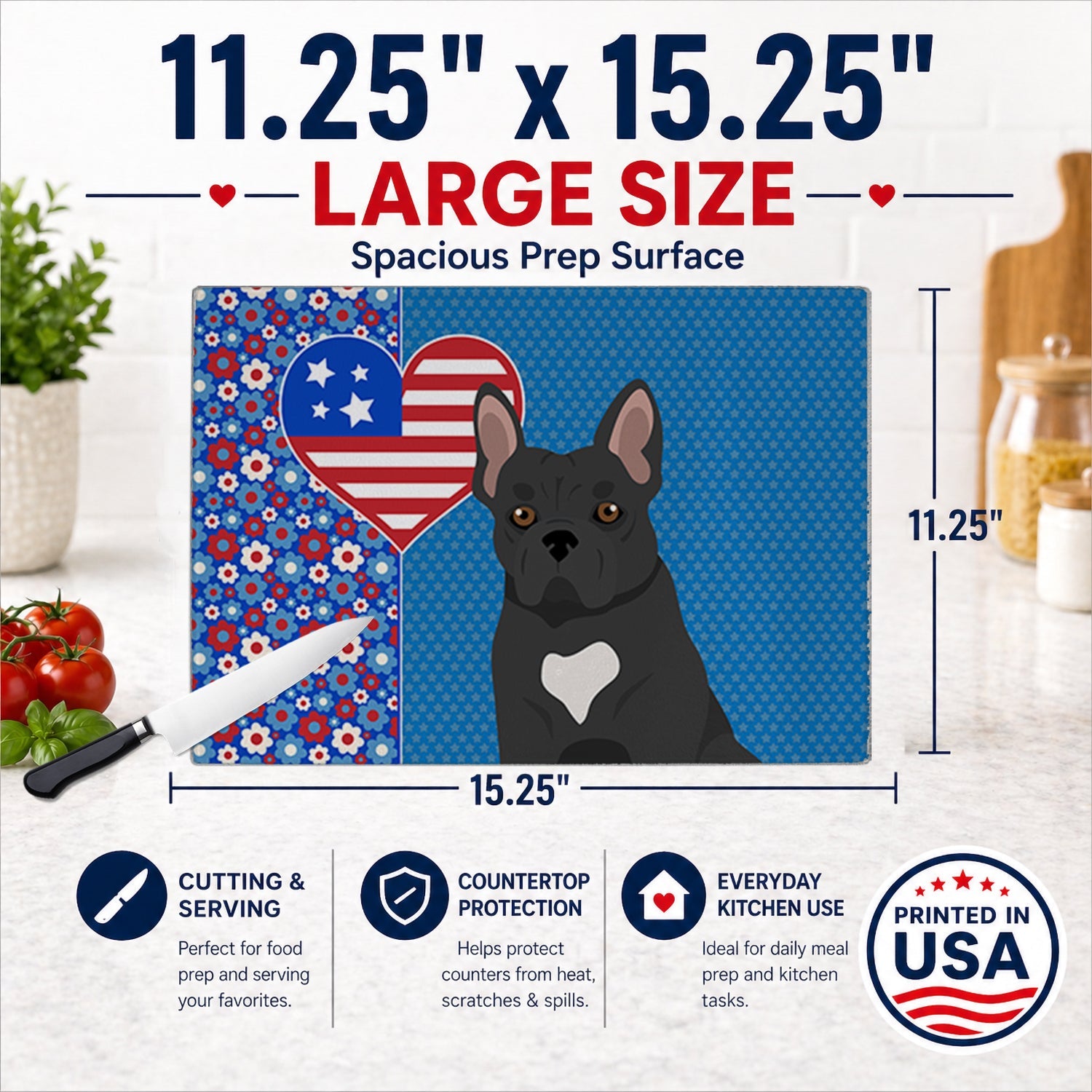 Black French Bulldog USA American Cutting Board Tempered Glass Kitchen Cutting Surface, Heat Resistant Chopping, Non-Slip Feet, Food Prep & Serving