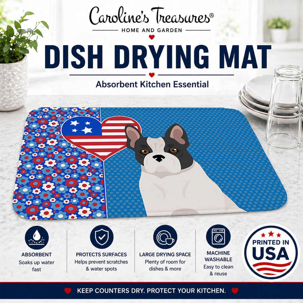 Black and White French Bulldog USA American Dish Drying Mat Absorbent Dish Drying Mat Pad for Kitchen Counter Dish Drainer Mat for Countertop, 14 x 21", Multicolor