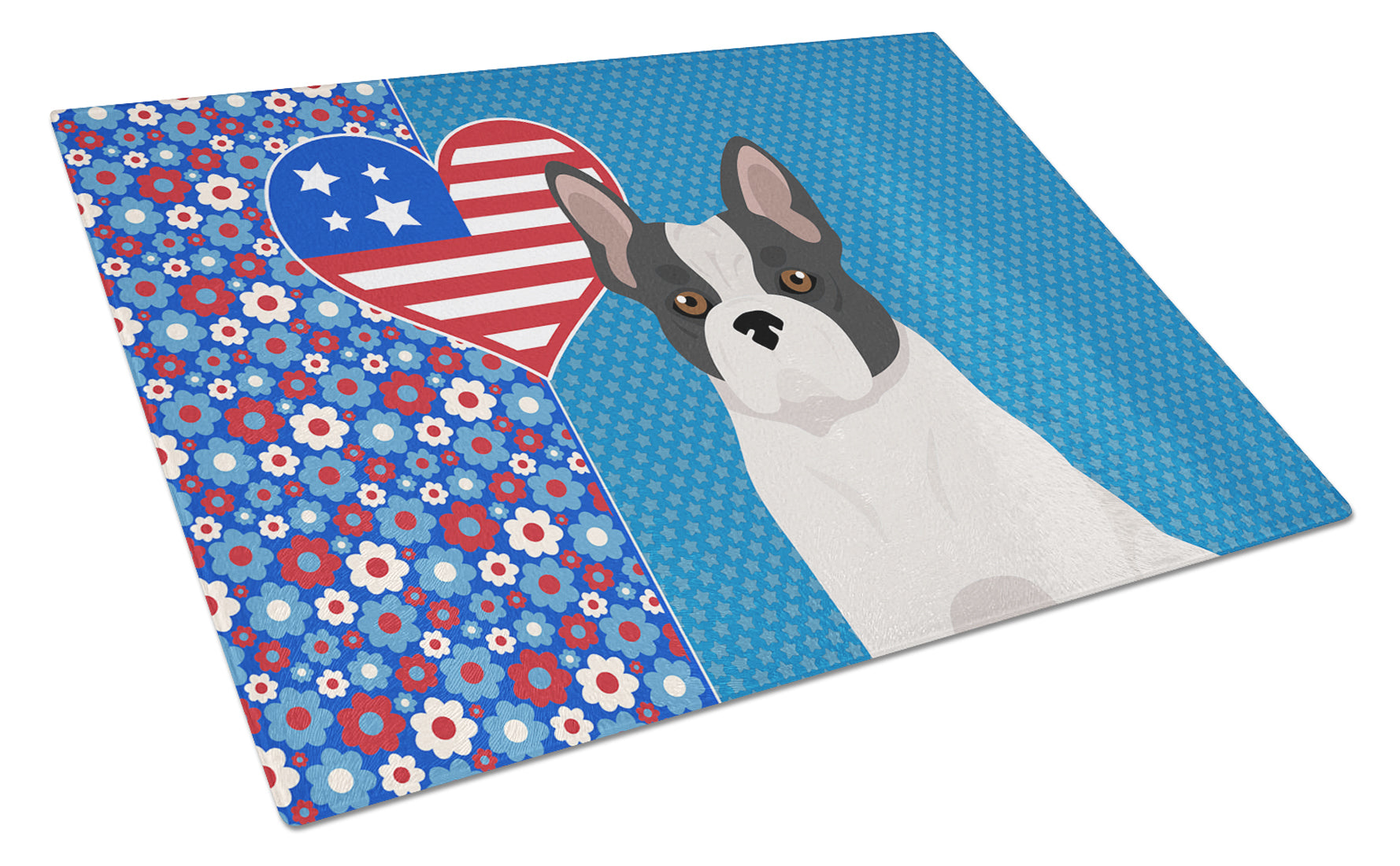 Black and White French Bulldog USA American Cutting Board Tempered Glass Kitchen Cutting Surface, Heat Resistant Chopping, Non-Slip Feet, Food Prep & Serving
