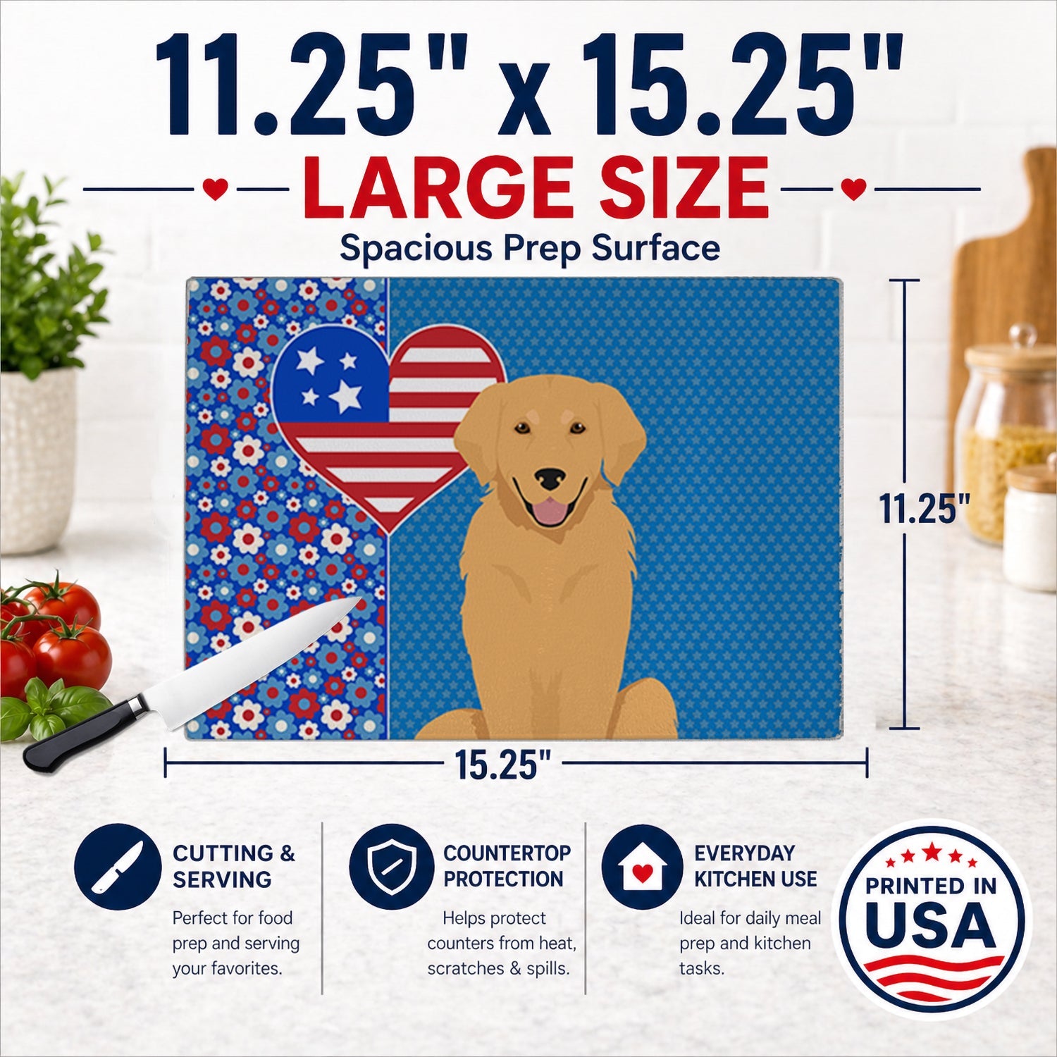 Gold Golden Retriever USA American Cutting Board Tempered Glass Kitchen Cutting Surface, Heat Resistant Chopping, Non-Slip Feet, Food Prep & Serving