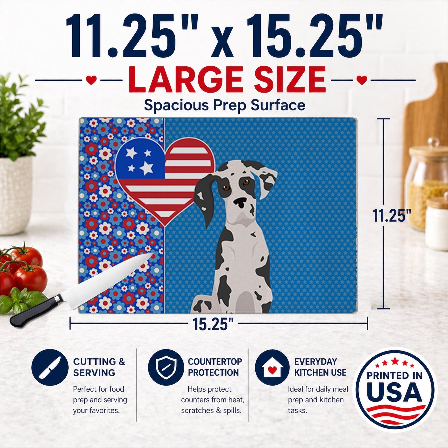 Harlequin Great Dane USA American Cutting Board Tempered Glass Kitchen Cutting Surface, Heat Resistant Chopping, Non-Slip Feet, Food Prep & Serving
