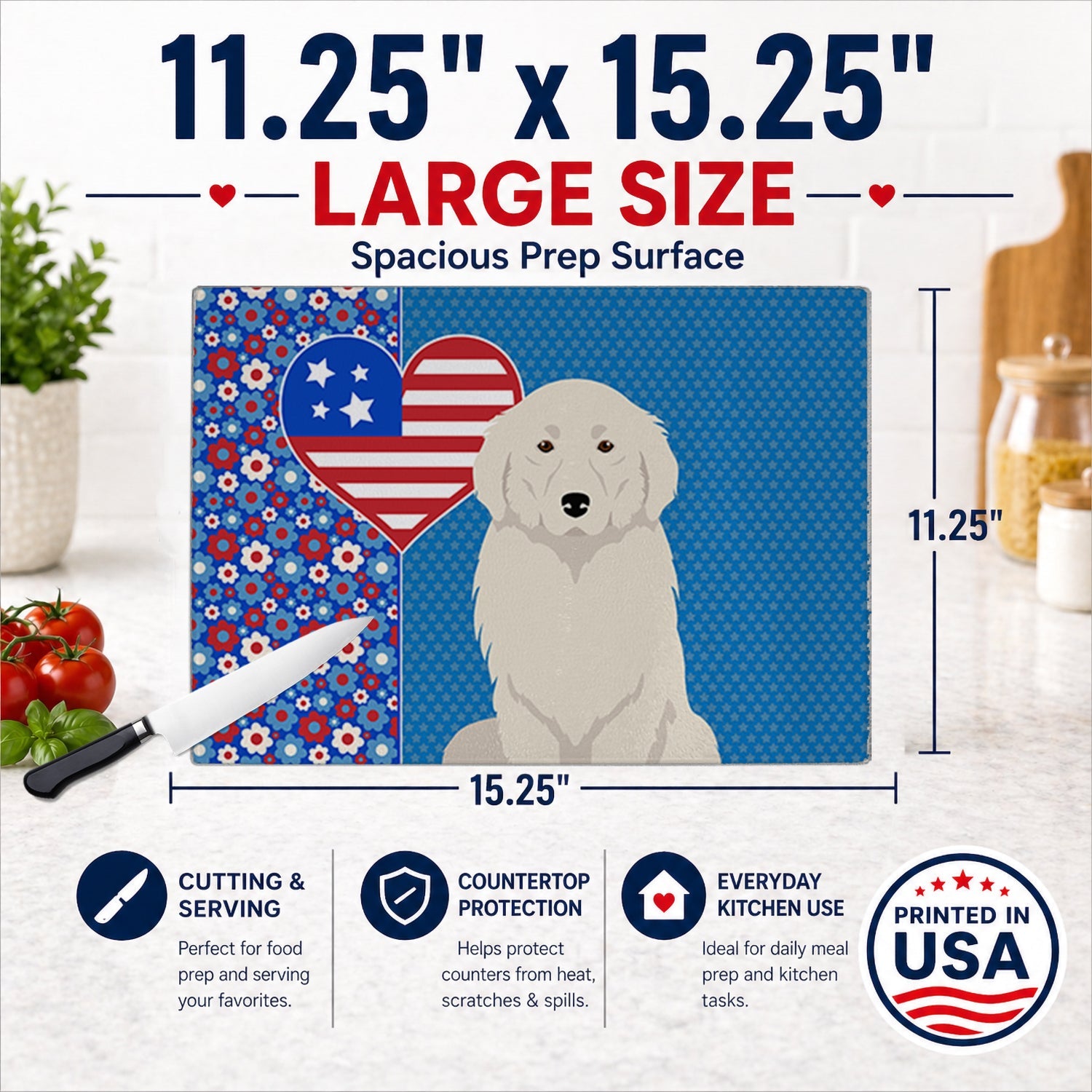 Great Pyrenees USA American Cutting Board Tempered Glass Kitchen Cutting Surface, Heat Resistant Chopping, Non-Slip Feet, Food Prep & Serving