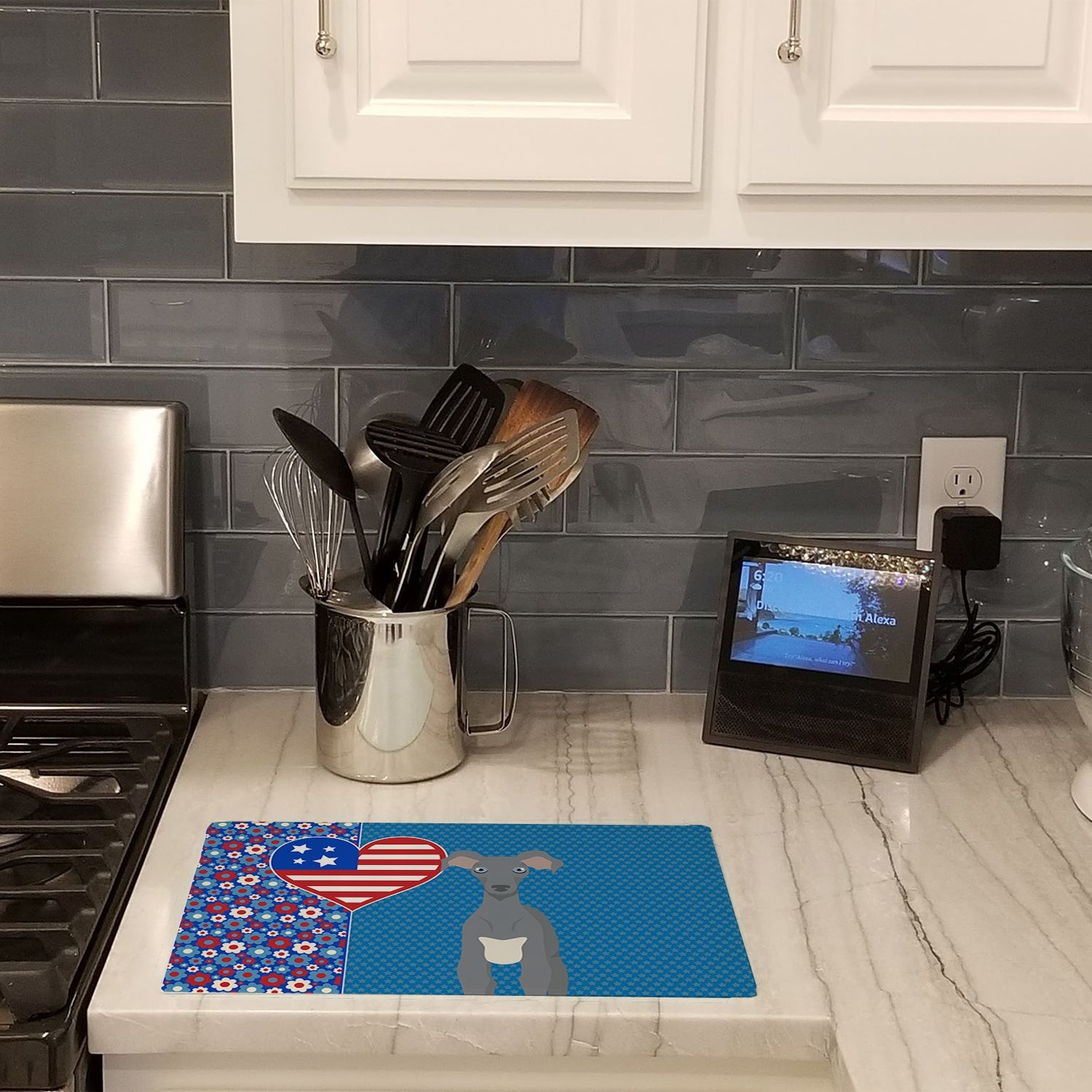 Gray Italian Greyhound USA American Cutting Board Tempered Glass Kitchen Cutting Surface, Heat Resistant Chopping, Non-Slip Feet, Food Prep & Serving