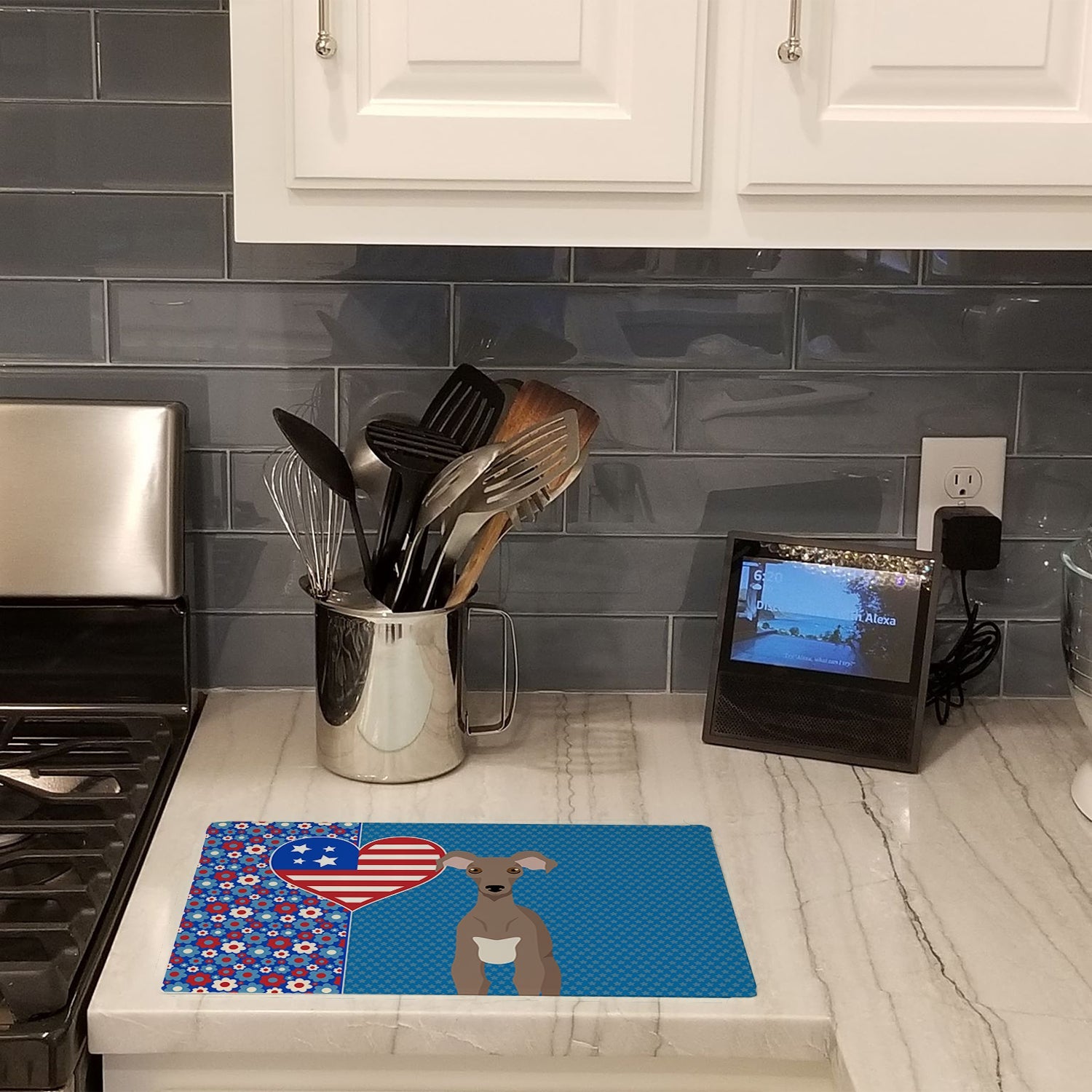 Fawn Italian Greyhound USA American Cutting Board Tempered Glass Kitchen Cutting Surface, Heat Resistant Chopping, Non-Slip Feet, Food Prep & Serving