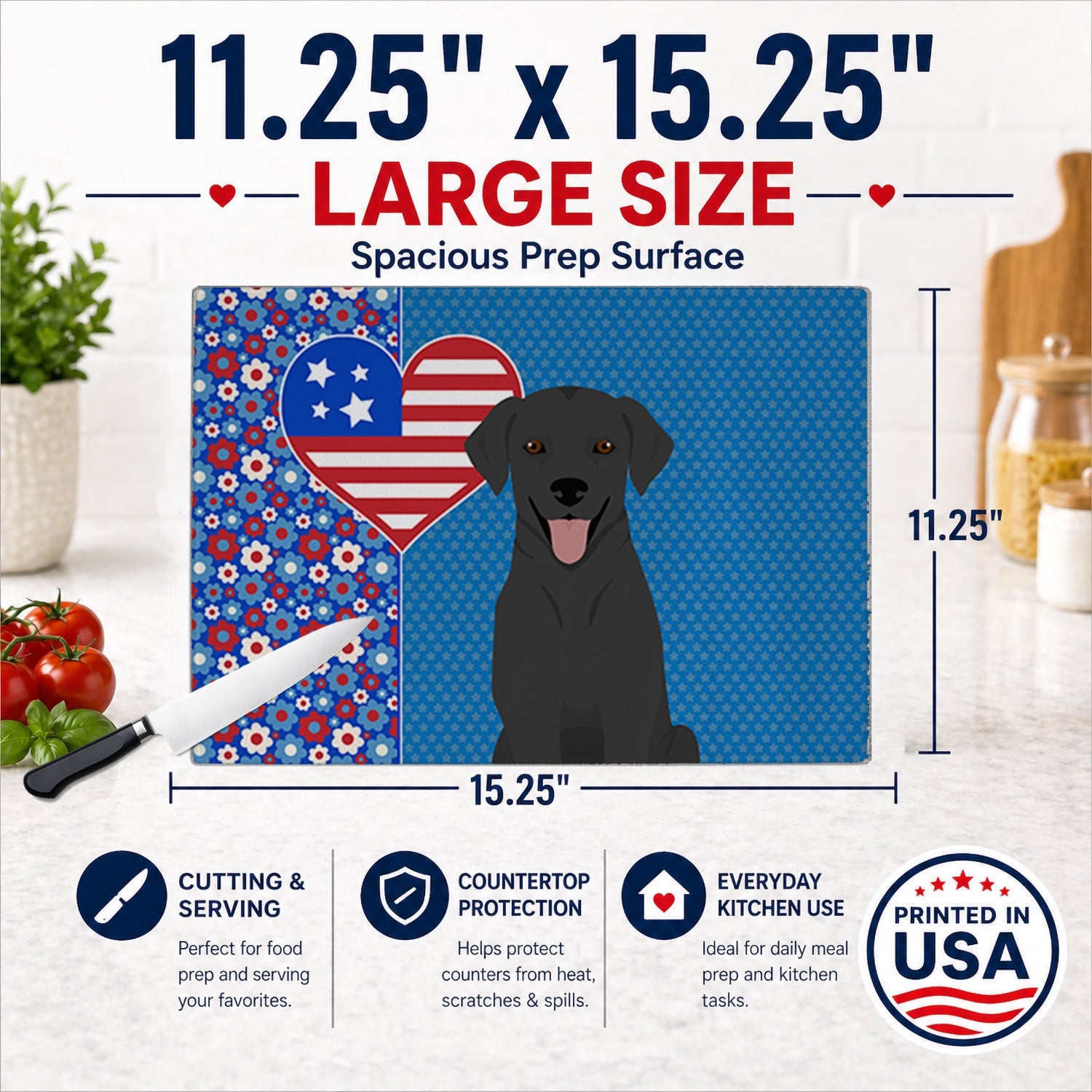 Black Labrador Retriever USA American Cutting Board Tempered Glass Kitchen Cutting Surface, Heat Resistant Chopping, Non-Slip Feet, Food Prep & Serving