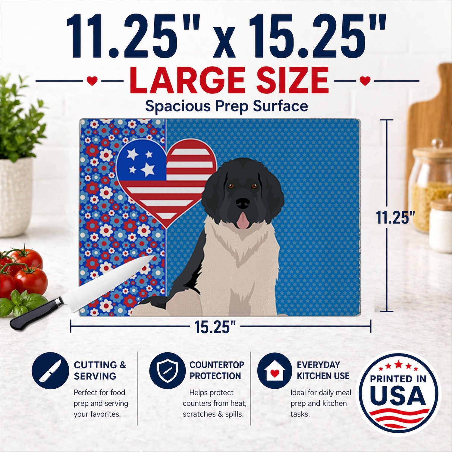 Landseer Newfoundland USA American Cutting Board Tempered Glass Kitchen Cutting Surface, Heat Resistant Chopping, Non-Slip Feet, Food Prep & Serving