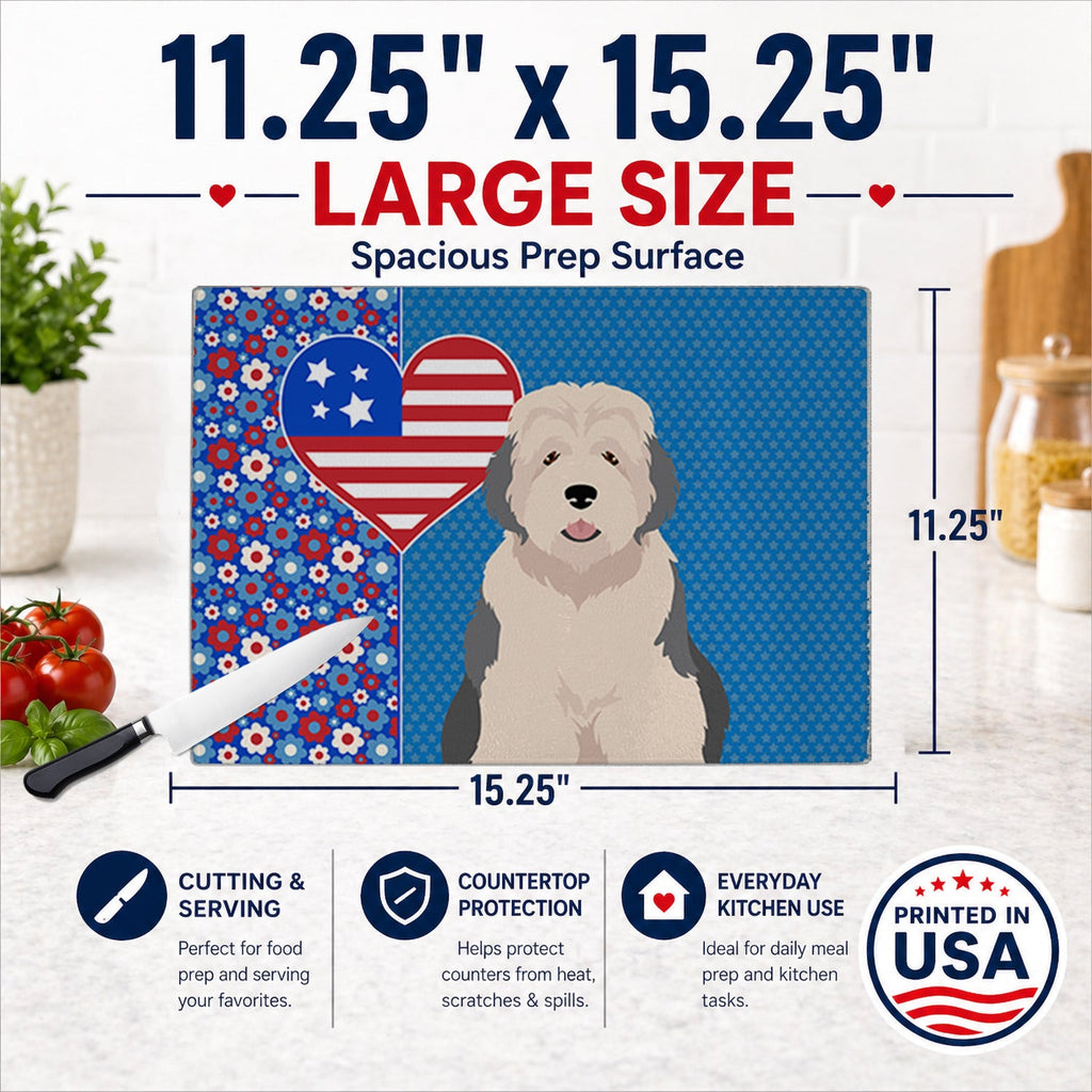 Old English Sheepdog USA American Cutting Board Tempered Glass Kitchen Cutting Surface, Heat Resistant Chopping, Non-Slip Feet, Food Prep & Serving
