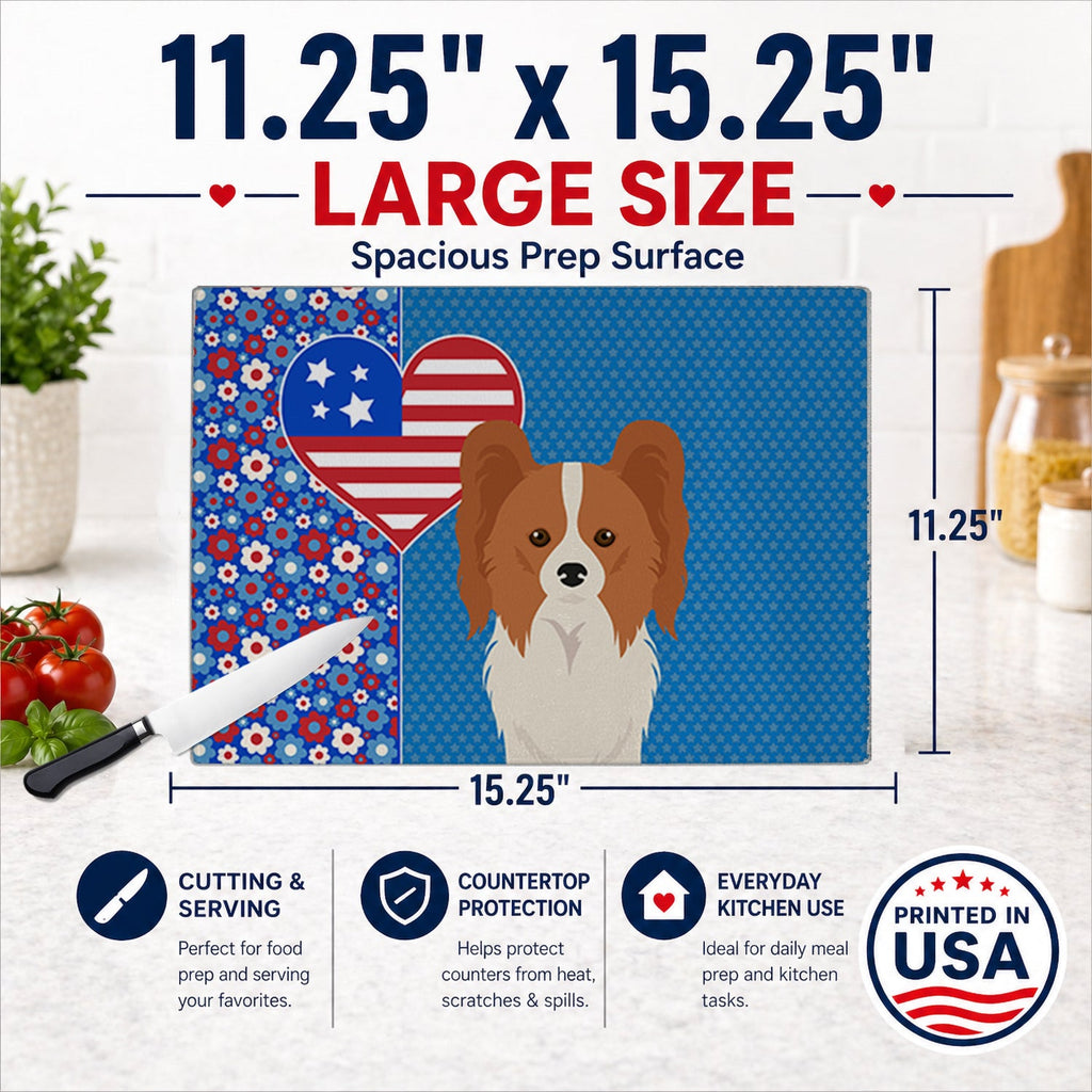 Red and White Papillon USA American Cutting Board Tempered Glass Kitchen Cutting Surface, Heat Resistant Chopping, Non-Slip Feet, Food Prep & Serving