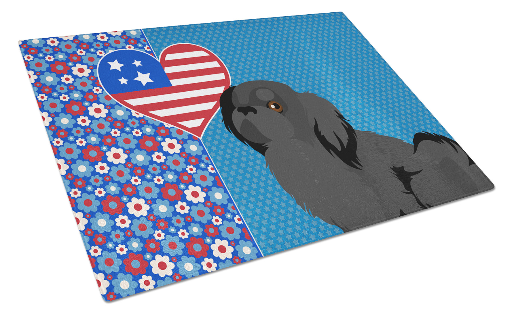 Black Pekingese USA American Cutting Board Tempered Glass Kitchen Cutting Surface, Heat Resistant Chopping, Non-Slip Feet, Food Prep & Serving