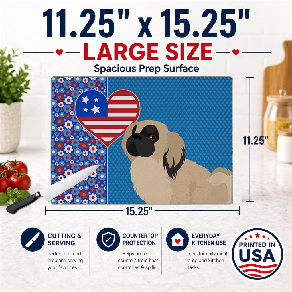 Cream Pekingese USA American Cutting Board Tempered Glass Kitchen Cutting Surface, Heat Resistant Chopping, Non-Slip Feet, Food Prep & Serving