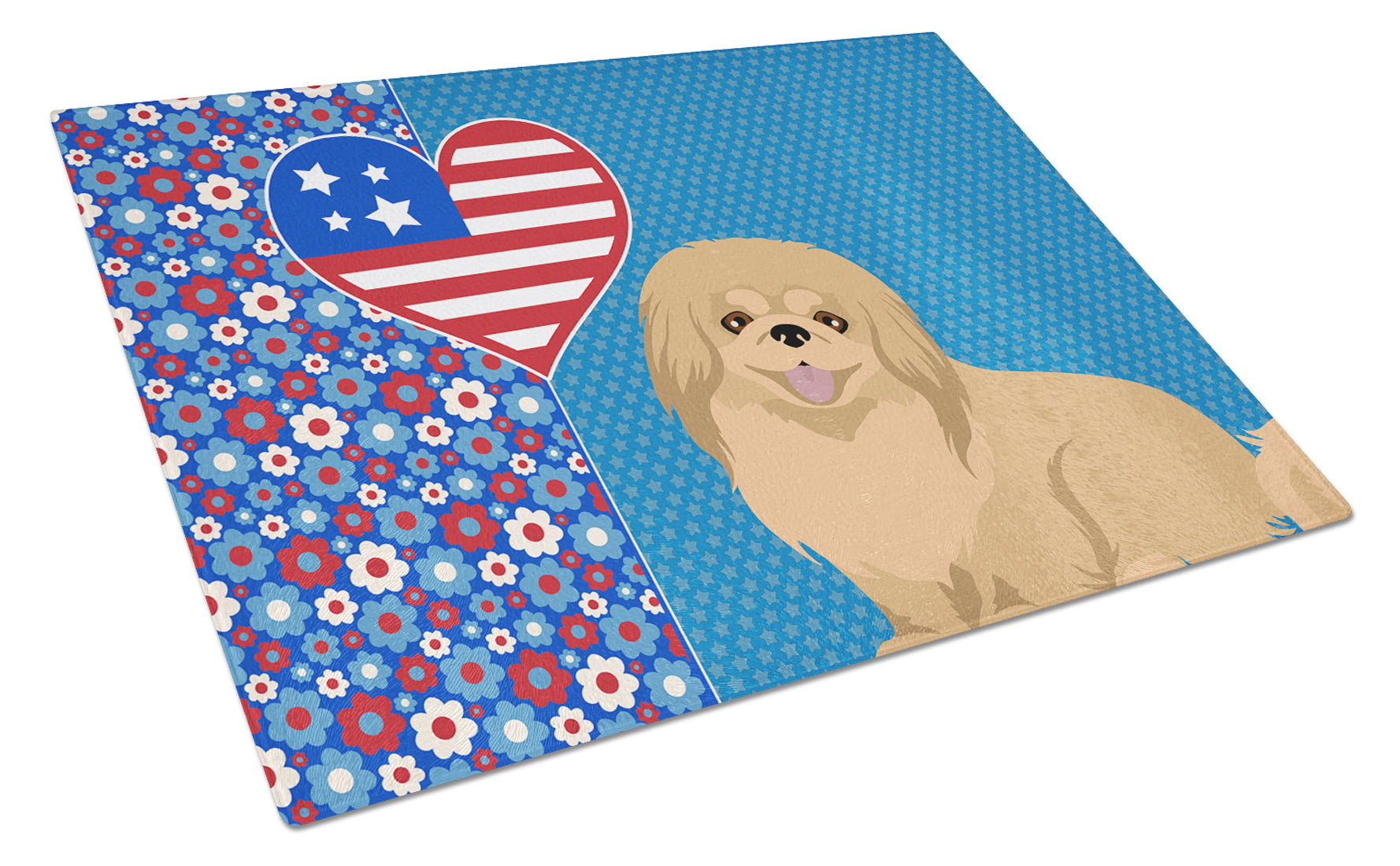 Gold Pekingese USA American Cutting Board Tempered Glass Kitchen Cutting Surface, Heat Resistant Chopping, Non-Slip Feet, Food Prep & Serving
