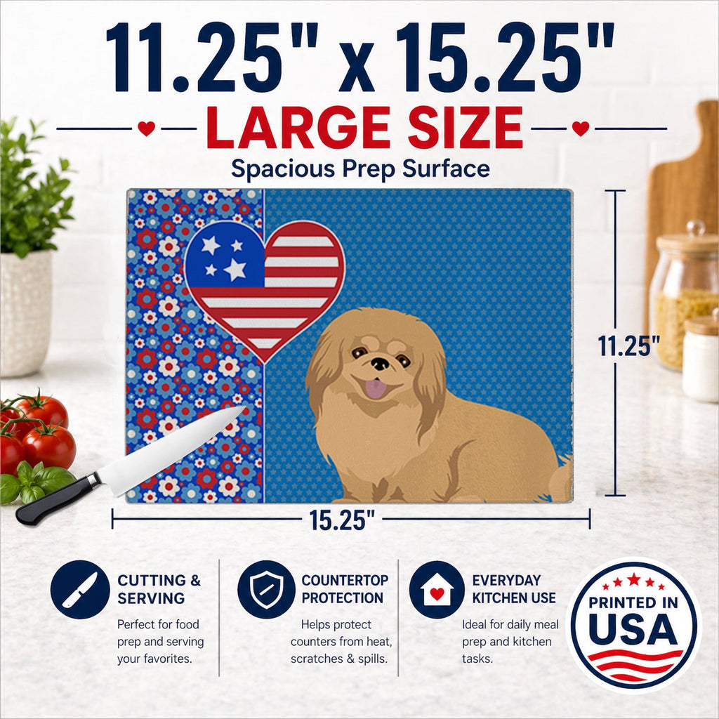 Gold Pekingese USA American Cutting Board Tempered Glass Kitchen Cutting Surface, Heat Resistant Chopping, Non-Slip Feet, Food Prep & Serving