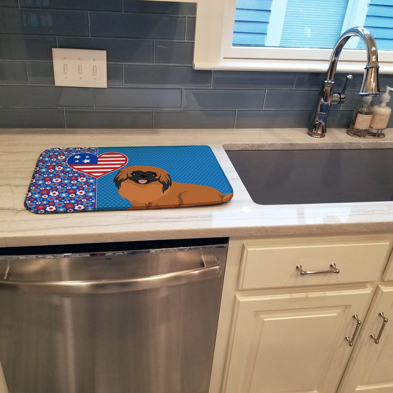 Red Pekingese USA American Dish Drying Mat Absorbent Dish Drying Mat Pad for Kitchen Counter Dish Drainer Mat for Countertop, 14 x 21", Multicolor