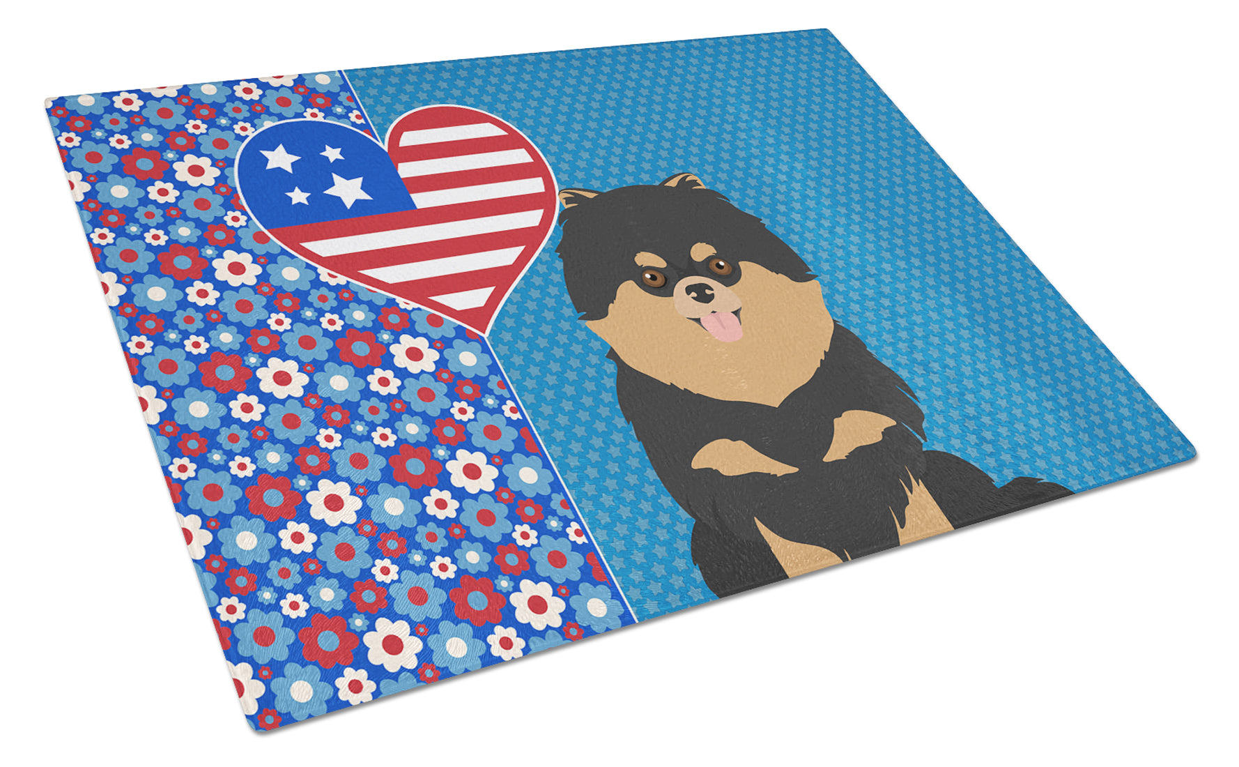 Black and Tan Pomeranian USA American Cutting Board Tempered Glass Kitchen Cutting Surface, Heat Resistant Chopping, Non-Slip Feet, Food Prep & Serving