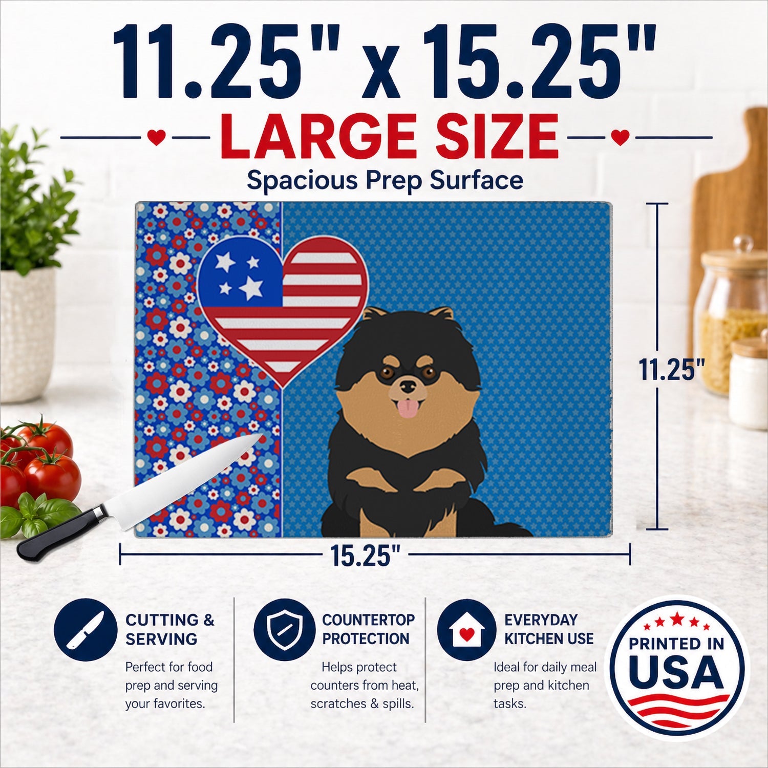 Black and Tan Pomeranian USA American Cutting Board Tempered Glass Kitchen Cutting Surface, Heat Resistant Chopping, Non-Slip Feet, Food Prep & Serving