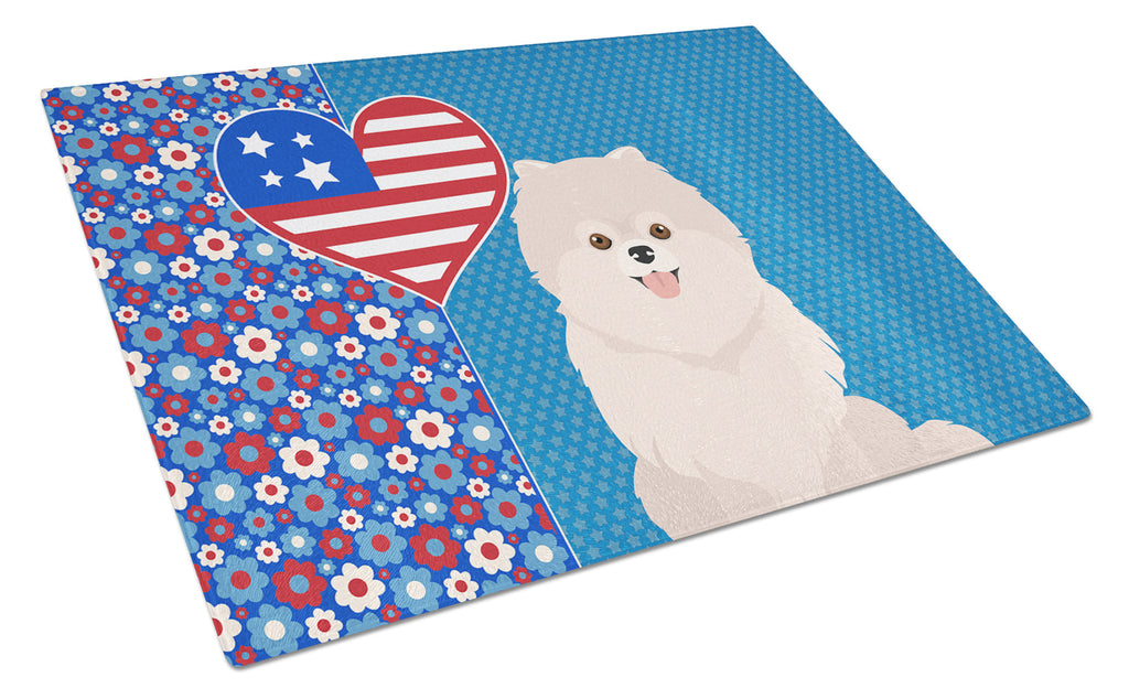 White Pomeranian USA American Cutting Board Tempered Glass Kitchen Cutting Surface, Heat Resistant Chopping, Non-Slip Feet, Food Prep & Serving