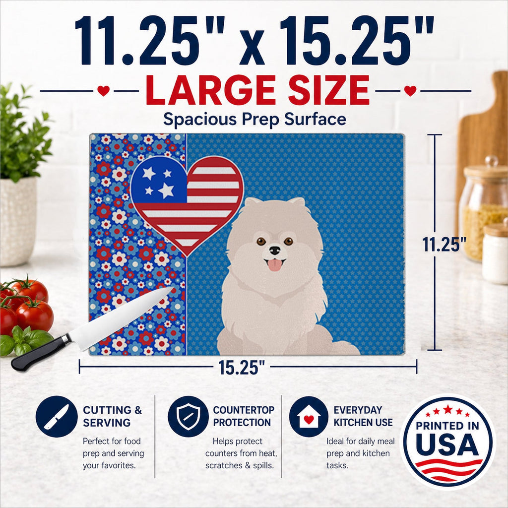 White Pomeranian USA American Cutting Board Tempered Glass Kitchen Cutting Surface, Heat Resistant Chopping, Non-Slip Feet, Food Prep & Serving