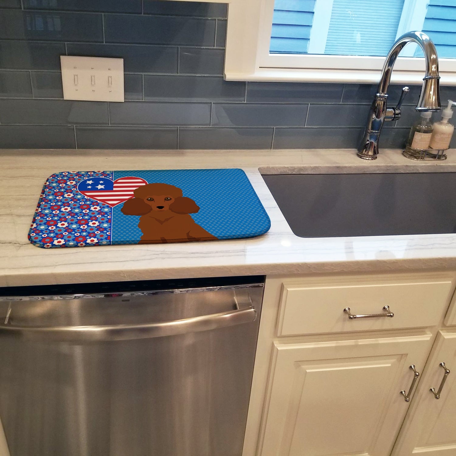 Toy Red Poodle USA American Dish Drying Mat Absorbent Dish Drying Mat Pad for Kitchen Counter Dish Drainer Mat for Countertop, 14 x 21", Multicolor