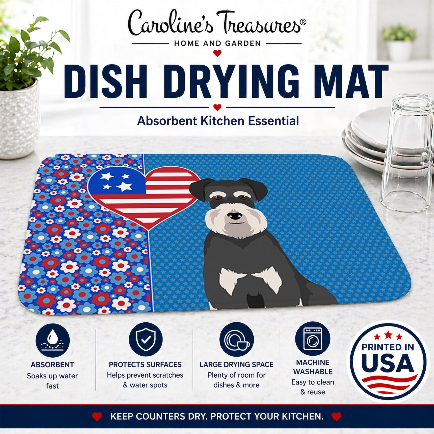 Black and Silver Natural Ears Schnauzer USA American Dish Drying Mat Absorbent Dish Drying Mat Pad for Kitchen Counter Dish Drainer Mat for Countertop, 14 x 21", Multicolor