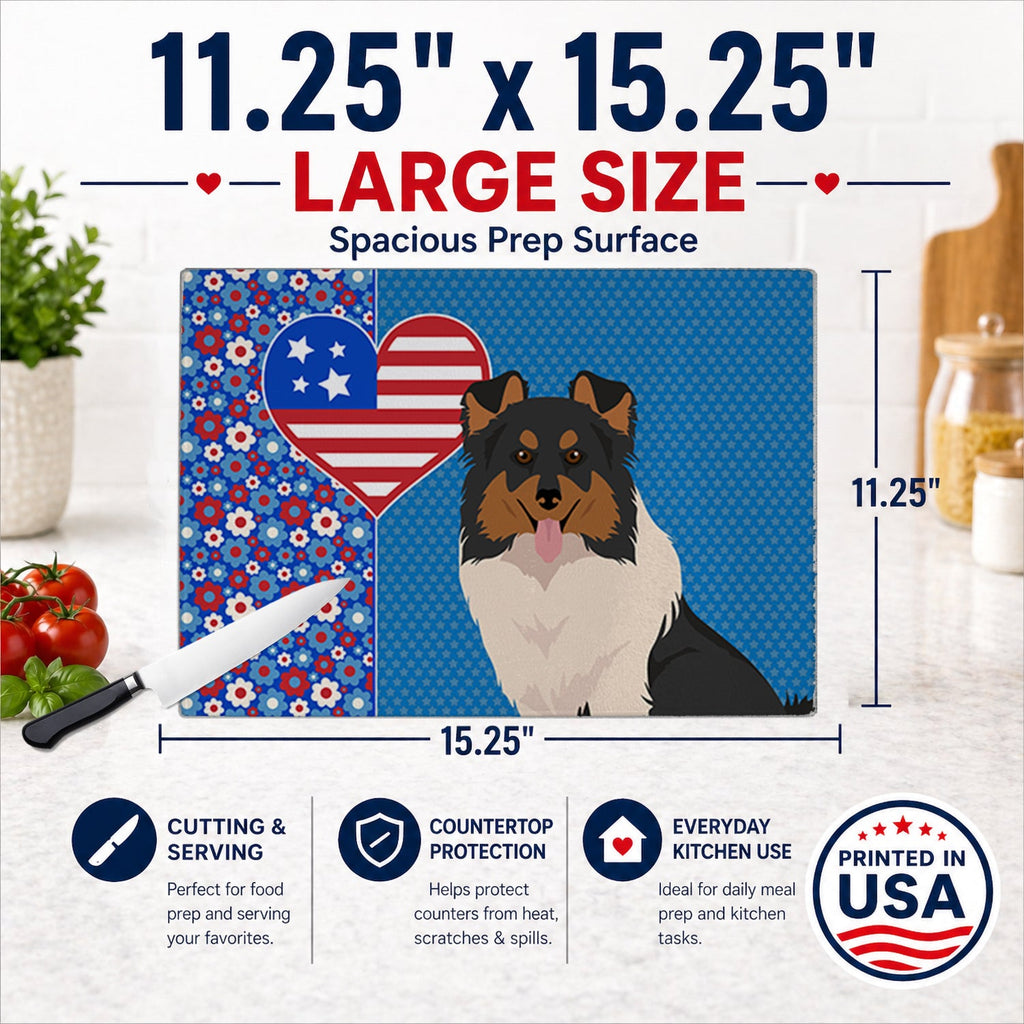 Tricolor Sheltie USA American Cutting Board Tempered Glass Kitchen Cutting Surface, Heat Resistant Chopping, Non-Slip Feet, Food Prep & Serving