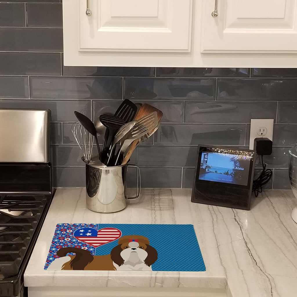 Red and White Shih Tzu USA American Cutting Board Tempered Glass Kitchen Cutting Surface, Heat Resistant Chopping, Non-Slip Feet, Food Prep & Serving