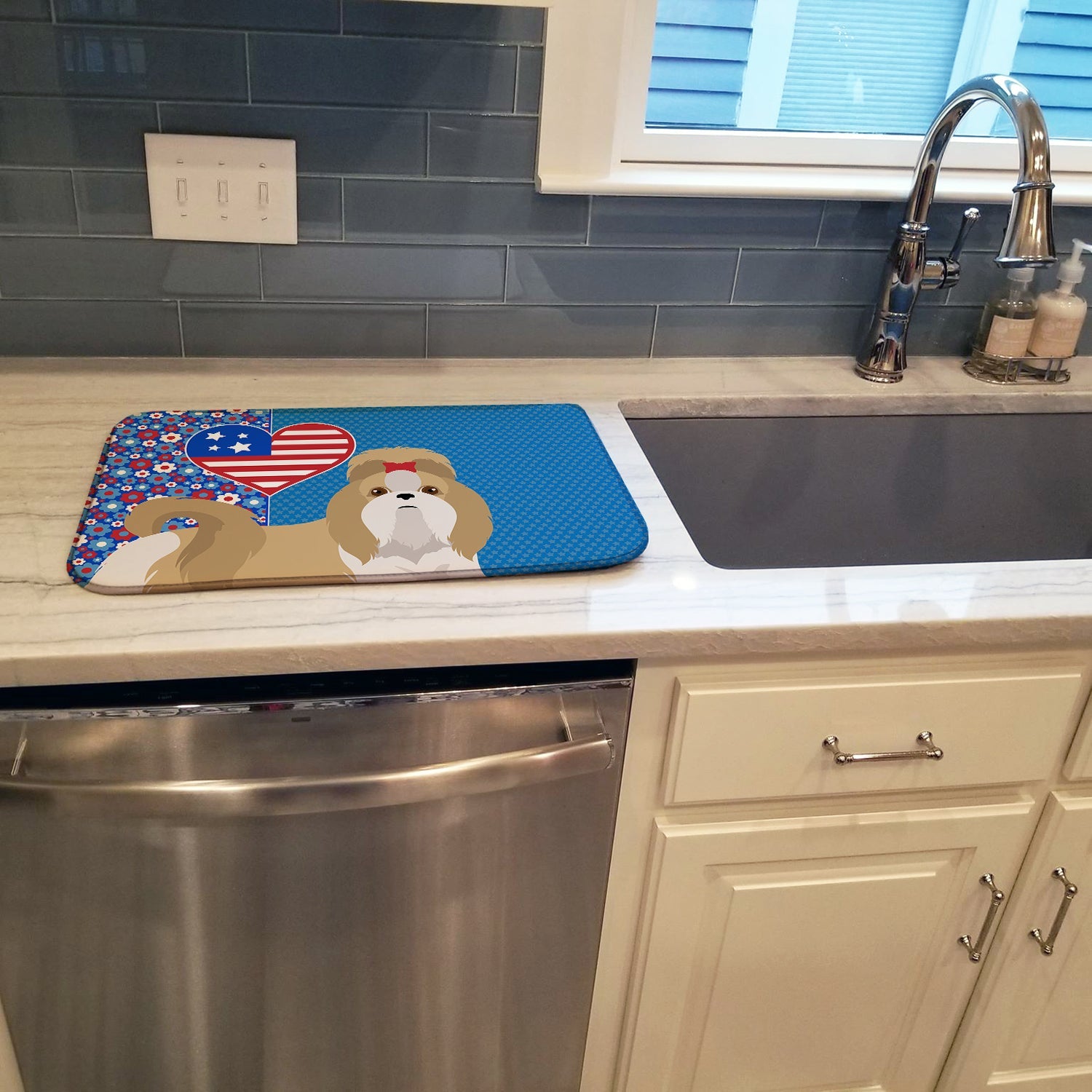 Gold and White Shih Tzu USA American Dish Drying Mat Absorbent Dish Drying Mat Pad for Kitchen Counter Dish Drainer Mat for Countertop, 14 x 21", Multicolor