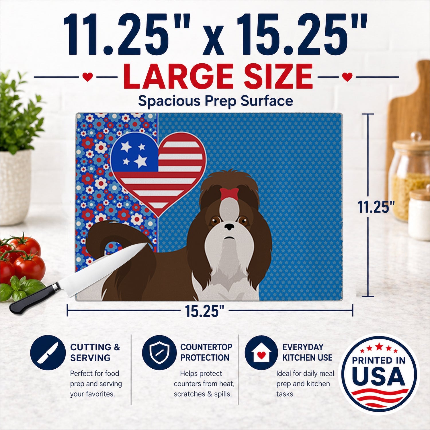 Liver and White Shih Tzu USA American Cutting Board Tempered Glass Kitchen Cutting Surface, Heat Resistant Chopping, Non-Slip Feet, Food Prep & Serving