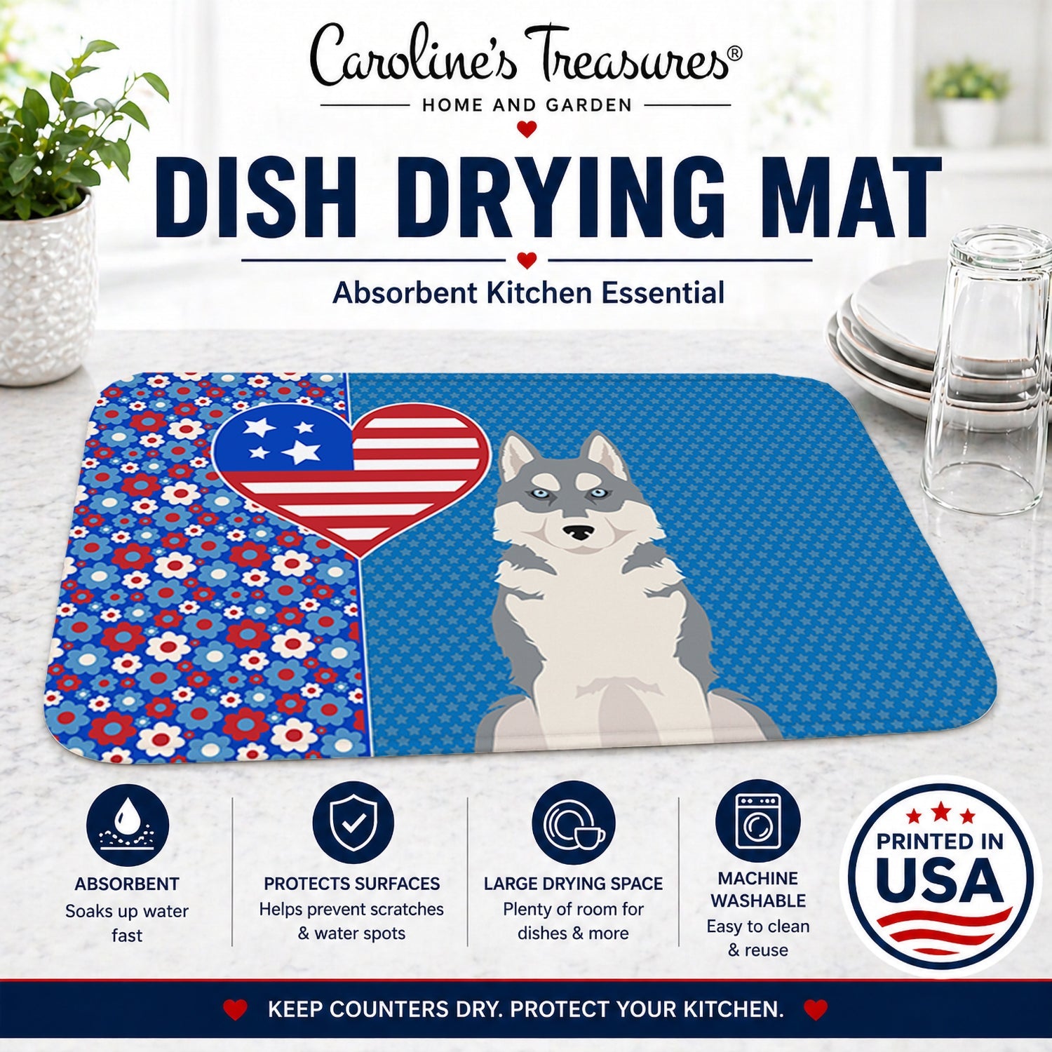 Grey Siberian Husky USA American Dish Drying Mat Absorbent Dish Drying Mat Pad for Kitchen Counter Dish Drainer Mat for Countertop, 14 x 21", Multicolor
