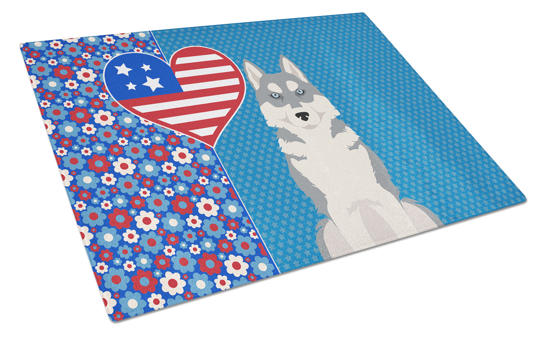 Grey Siberian Husky USA American Cutting Board Tempered Glass Kitchen Cutting Surface, Heat Resistant Chopping, Non-Slip Feet, Food Prep & Serving