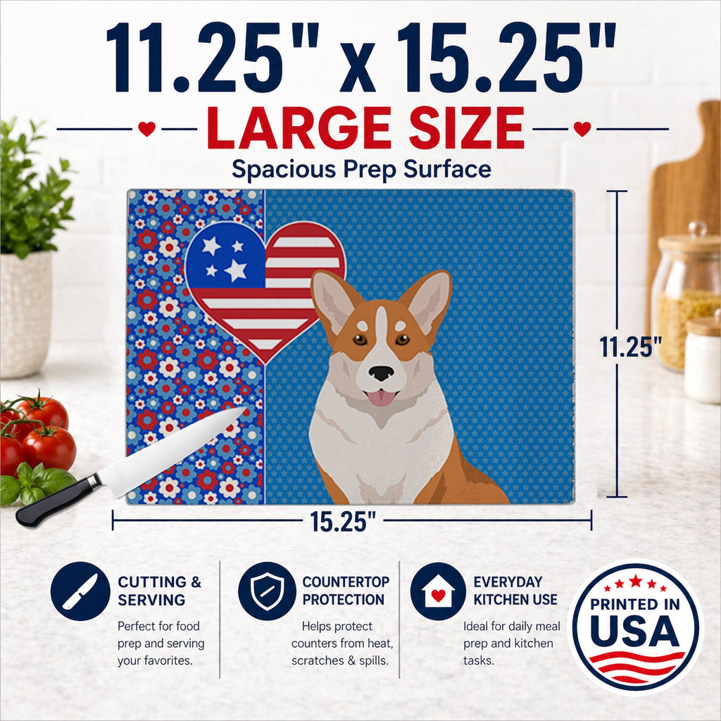 Red Cardigan Corgi USA American Cutting Board Tempered Glass Kitchen Cutting Surface, Heat Resistant Chopping, Non-Slip Feet, Food Prep & Serving