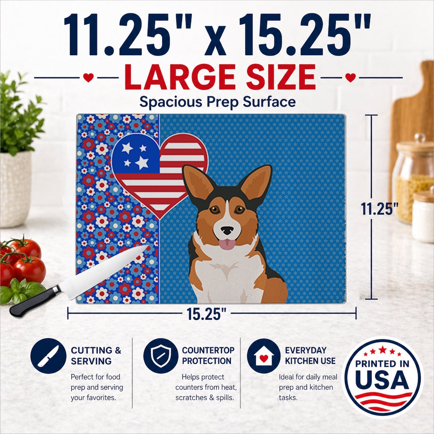 Sable Pembroke Corgi USA American Cutting Board Tempered Glass Kitchen Cutting Surface, Heat Resistant Chopping, Non-Slip Feet, Food Prep & Serving