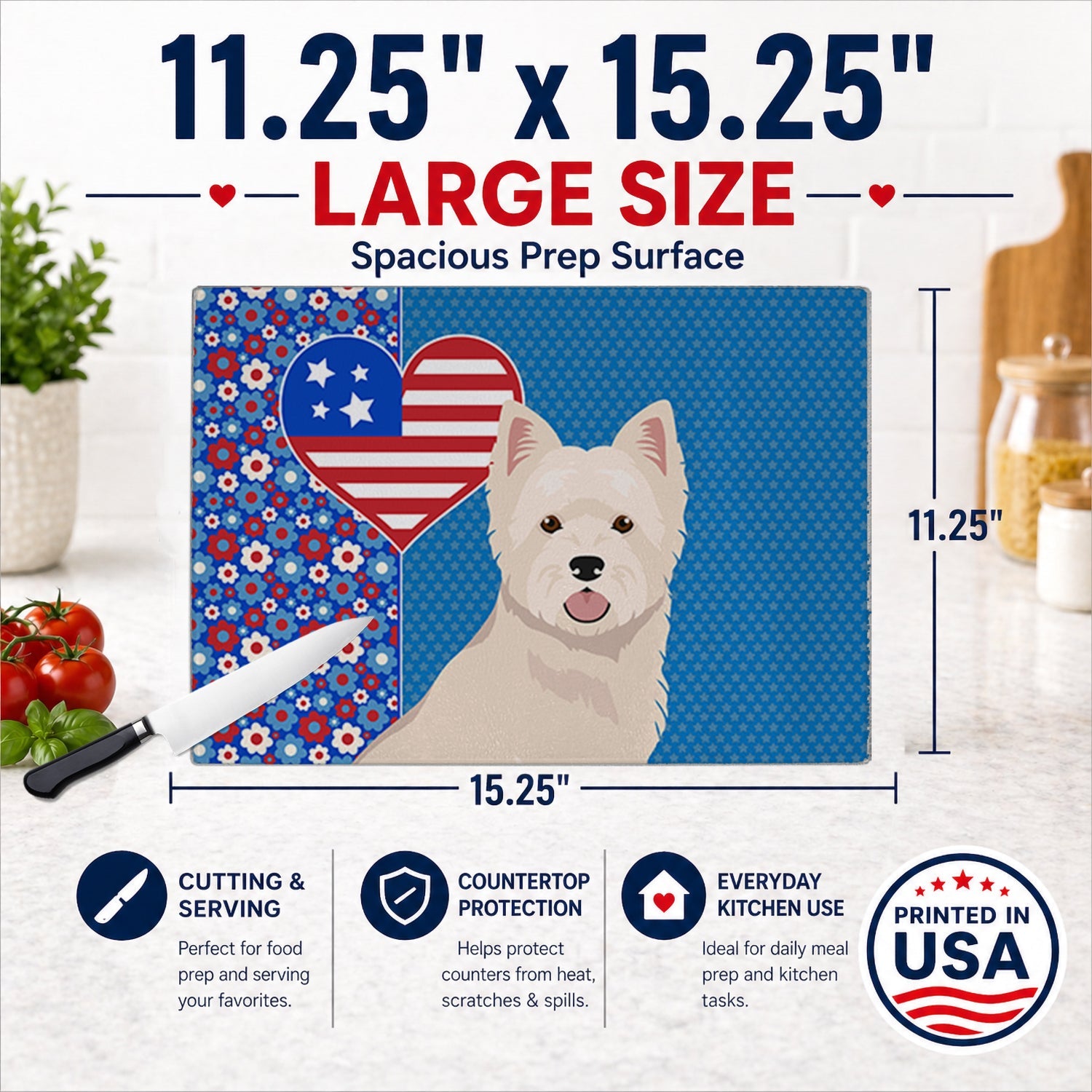 Westie West Highland White Terrier USA American Cutting Board Tempered Glass Kitchen Cutting Surface, Heat Resistant Chopping, Non-Slip Feet, Food Prep & Serving