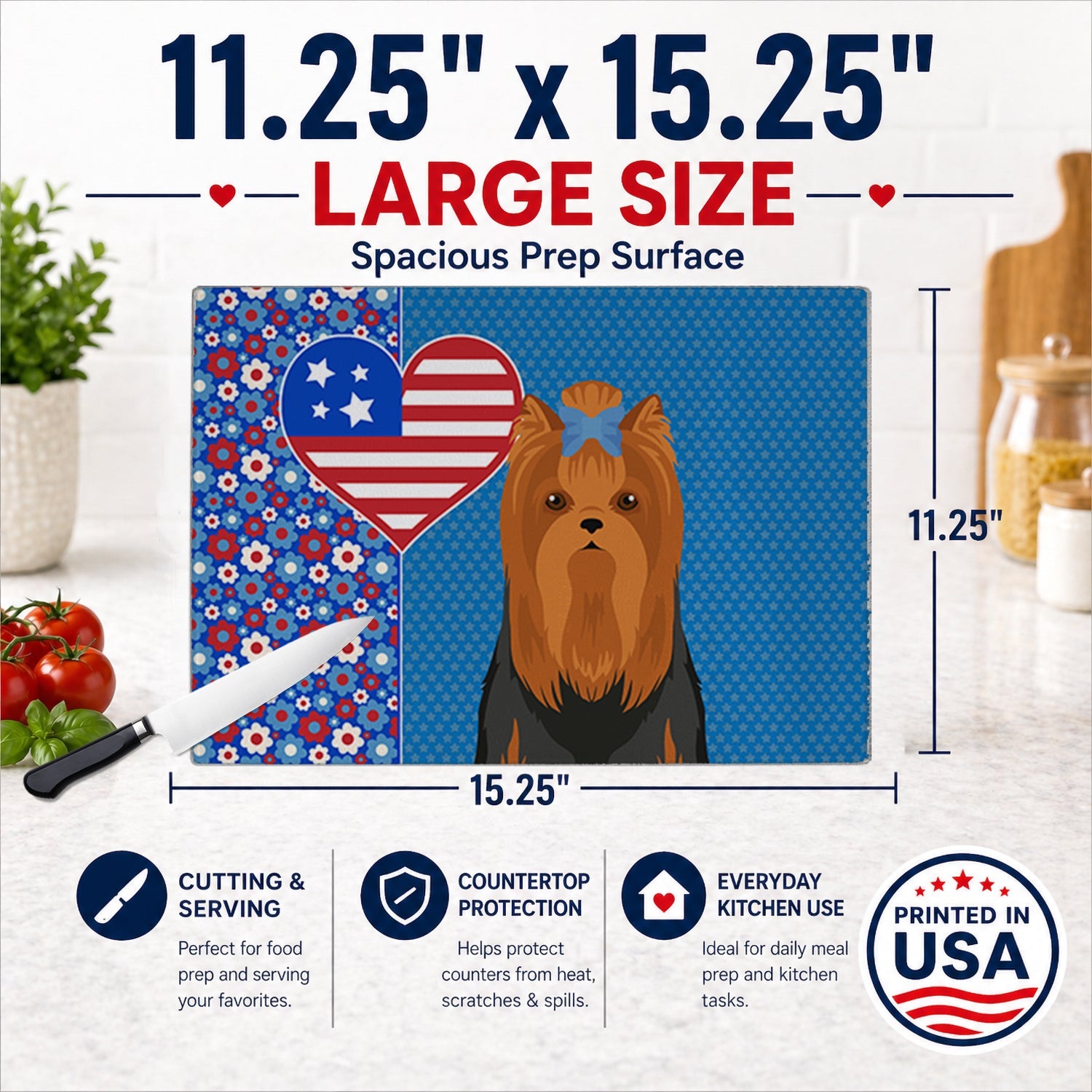 Black and Tan Full Coat Yorkshire Terrier USA American Cutting Board Tempered Glass Kitchen Cutting Surface, Heat Resistant Chopping, Non-Slip Feet, Food Prep & Serving