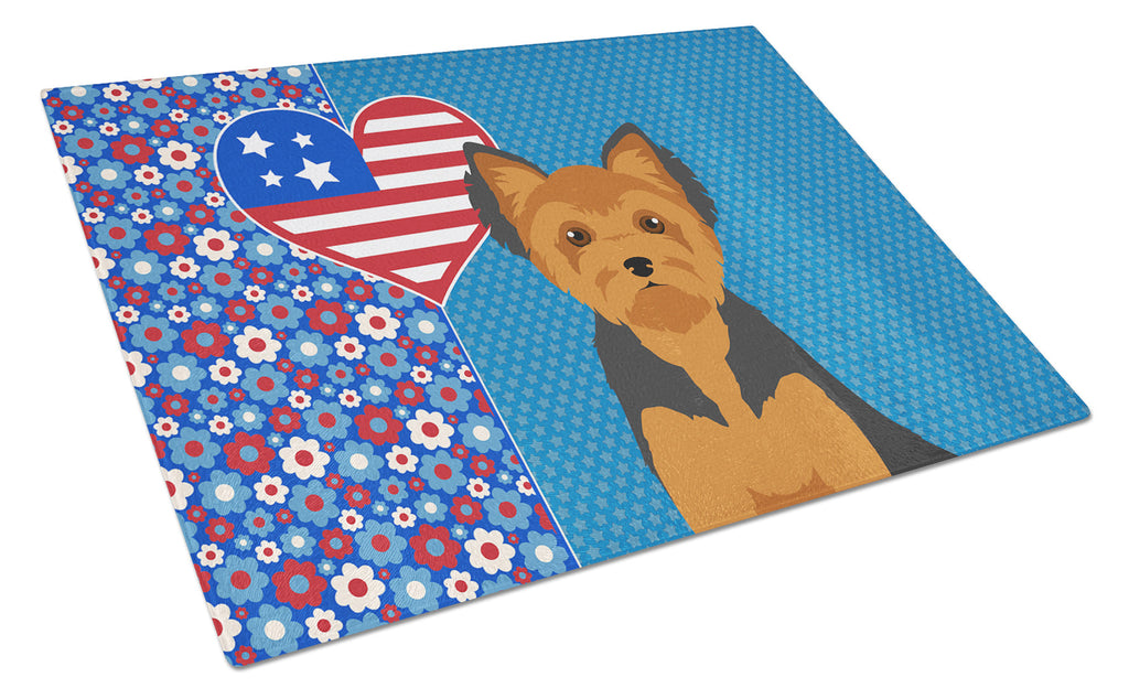 Black and Tan Puppy Cut Yorkshire Terrier USA American Cutting Board Tempered Glass Kitchen Cutting Surface, Heat Resistant Chopping, Non-Slip Feet, Food Prep & Serving