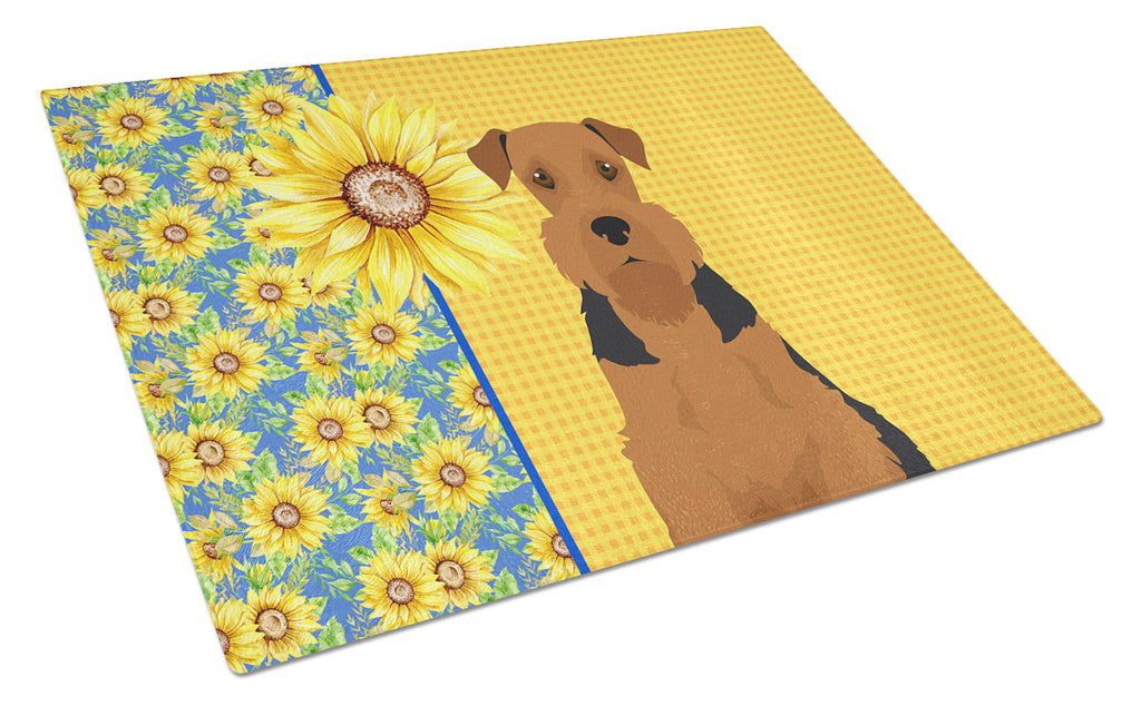 Summer Sunflowers Black and Tan Airedale Terrier Cutting Board Tempered Glass Kitchen Cutting Surface, Heat Resistant Chopping, Non-Slip Feet, Food Prep & Serving