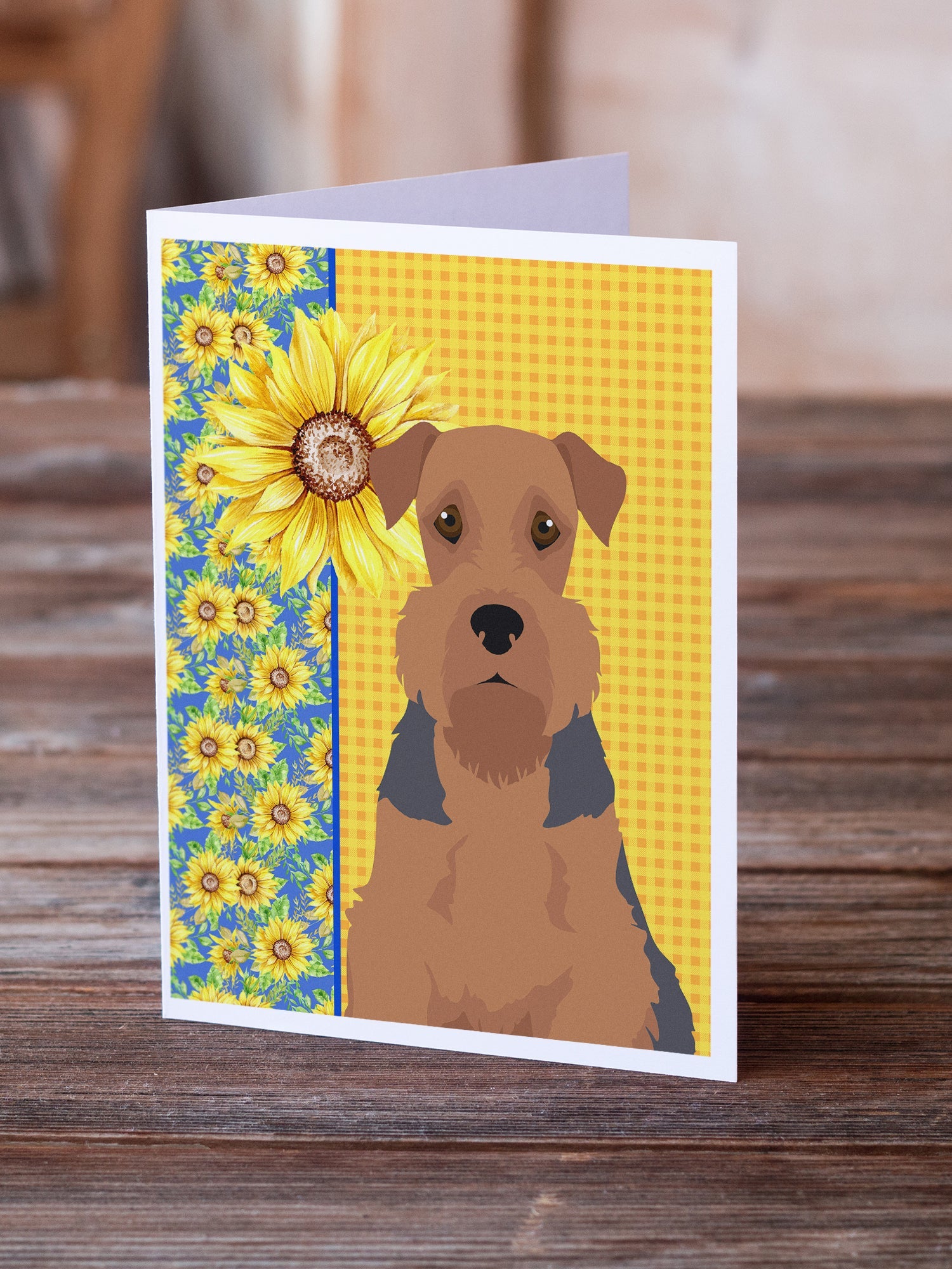 Summer Sunflowers Grizzle and Tan Airedale Terrier Greeting Cards Pack of 8 Blank Cards with Envelopes Whimsical A7 Size 5x7