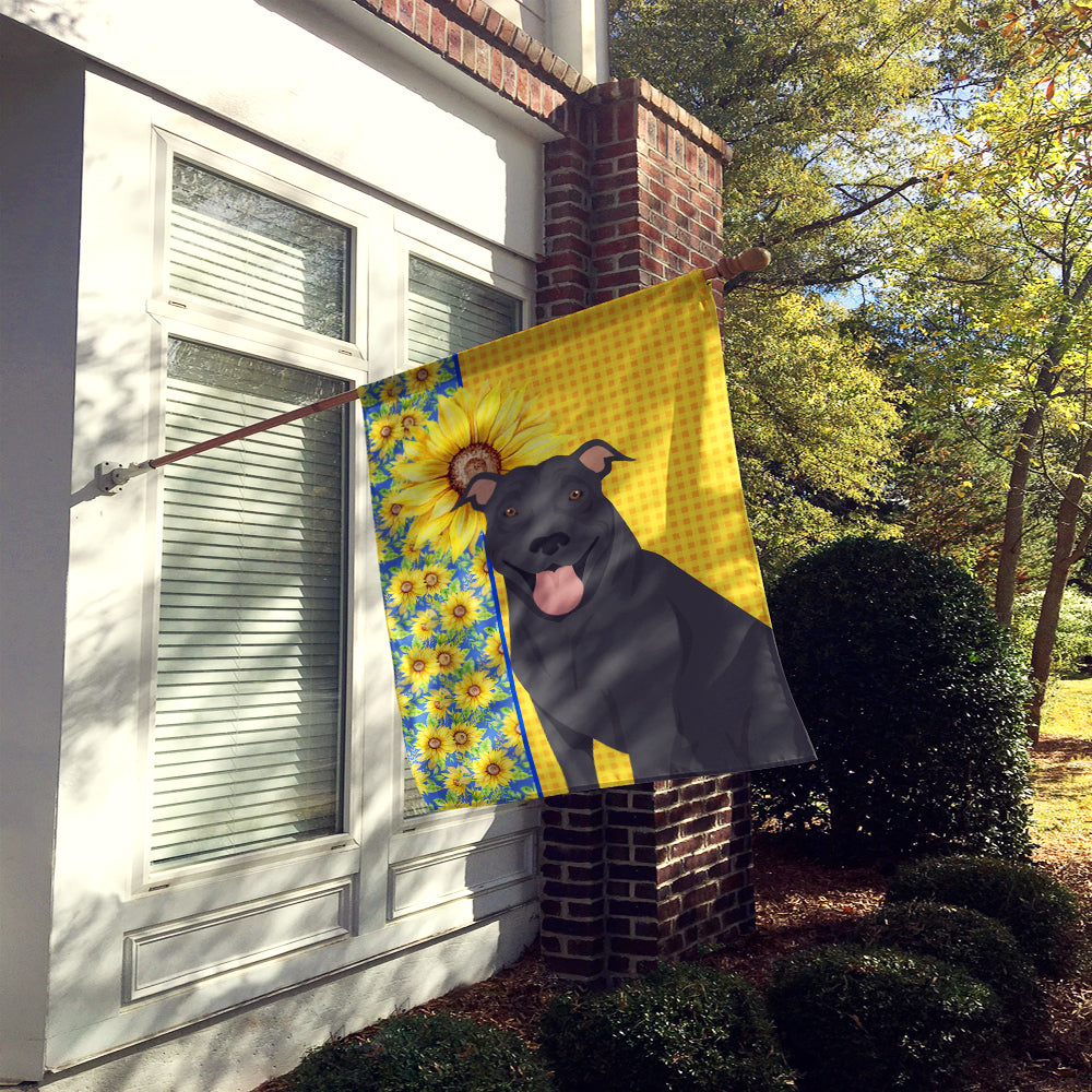 Summer Sunflowers Black Pit Bull Terrier House Flag 28x40 Porch Sleeve Pole Decorative Outside Yard Banner Artwork Wall Hanging, Polyester