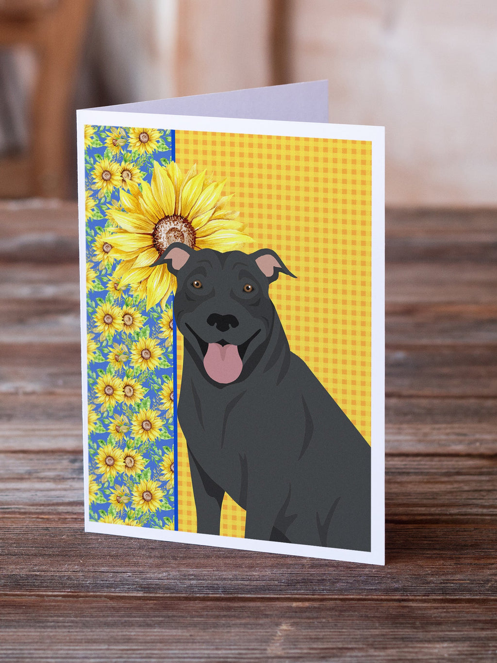 Summer Sunflowers Black Pit Bull Terrier Greeting Cards Pack of 8 Blank Cards with Envelopes Whimsical A7 Size 5x7