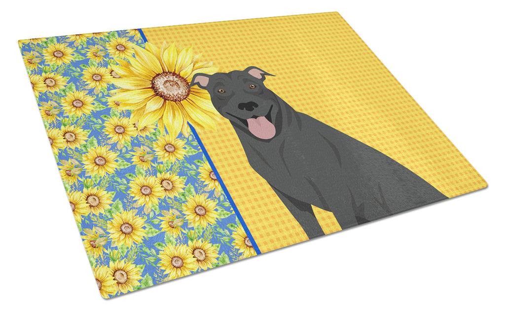 Summer Sunflowers Black Pit Bull Terrier Cutting Board Tempered Glass Kitchen Cutting Surface, Heat Resistant Chopping, Non-Slip Feet, Food Prep & Serving